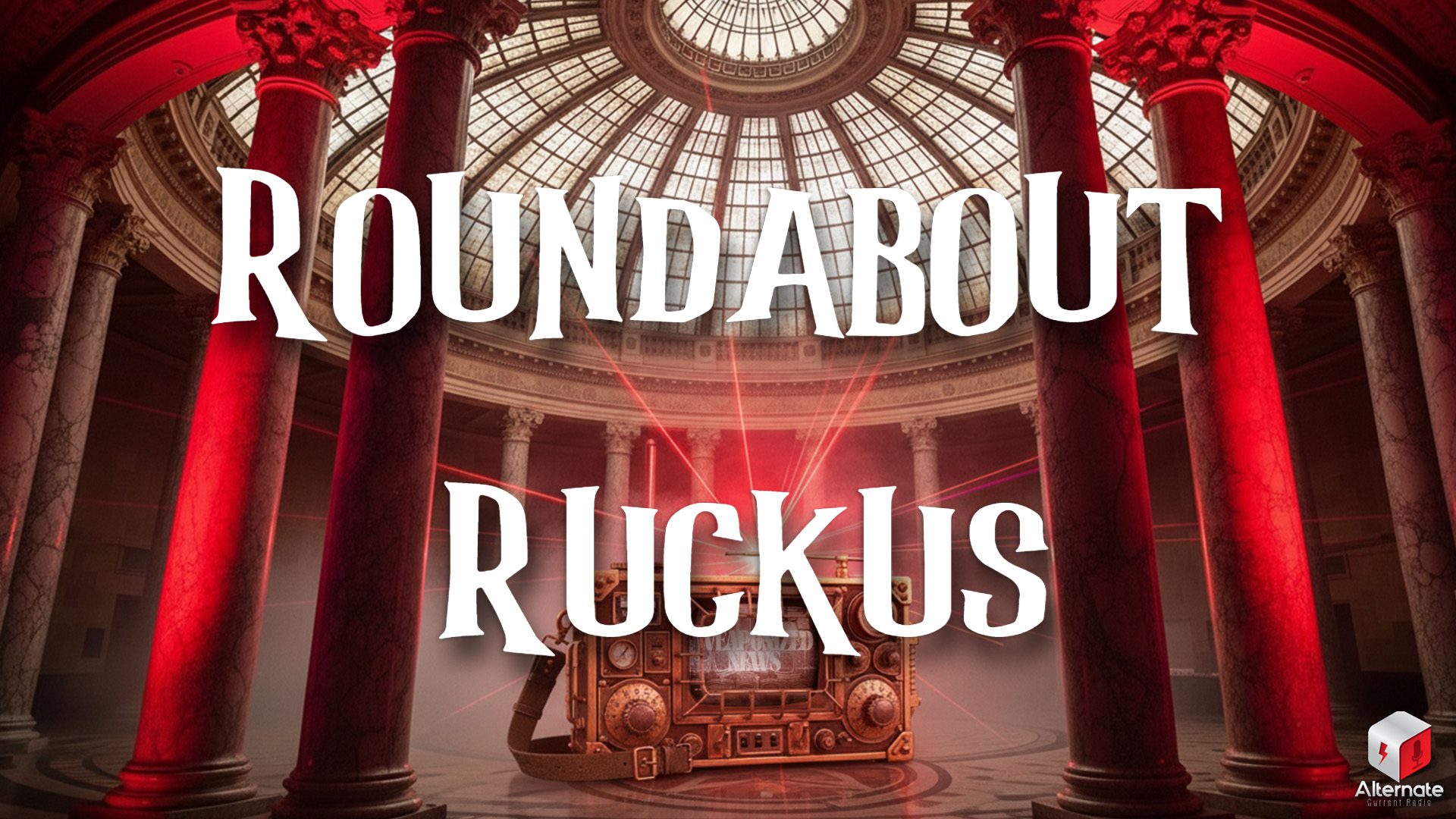 A vintage, boxy electronic device with dials, switches, and a small screen sits in the center of a grand hall with a domed glass ceiling and tall marble columns. Behind the machine, an unseen source emits bright red laser beams in multiple directions, casting red light across the space.