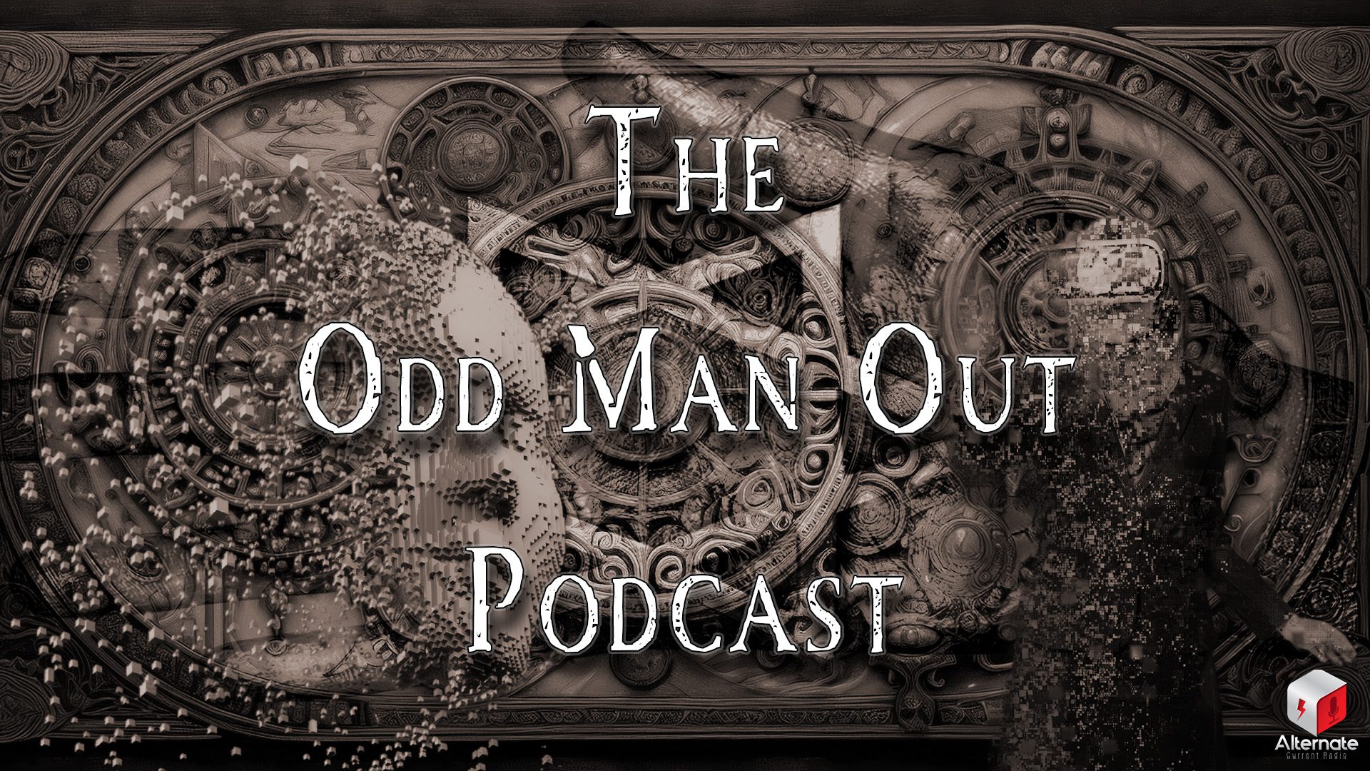 A dark, ornate background filled with gears and mechanical patterns frames fragmented, pixelated human figures in the foreground. The stylized ODD MAN OUT PODCAST logo is overlaid across the center of the image.