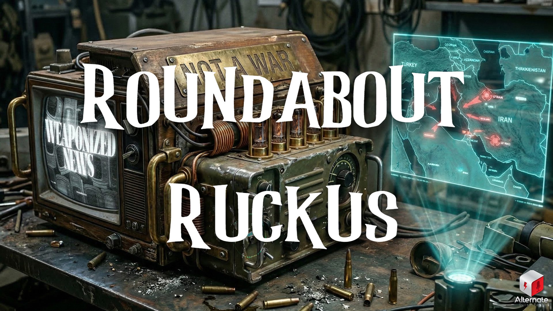 A retro, steampunk‑style broadcast device sits on a cluttered workbench, built from brass panels, vacuum tubes, coils, and analog dials. A metal plate is mounted on top, and scattered bullet casings and tools surround the machine, giving the scene a militarized, industrial feel. To the right, a glowing holographic map displays a detailed layout of the Middle East with highlighted borders, cities, and directional markers. The image includes an overlaid ROUNDABOUT RUCKUS logo across the center.