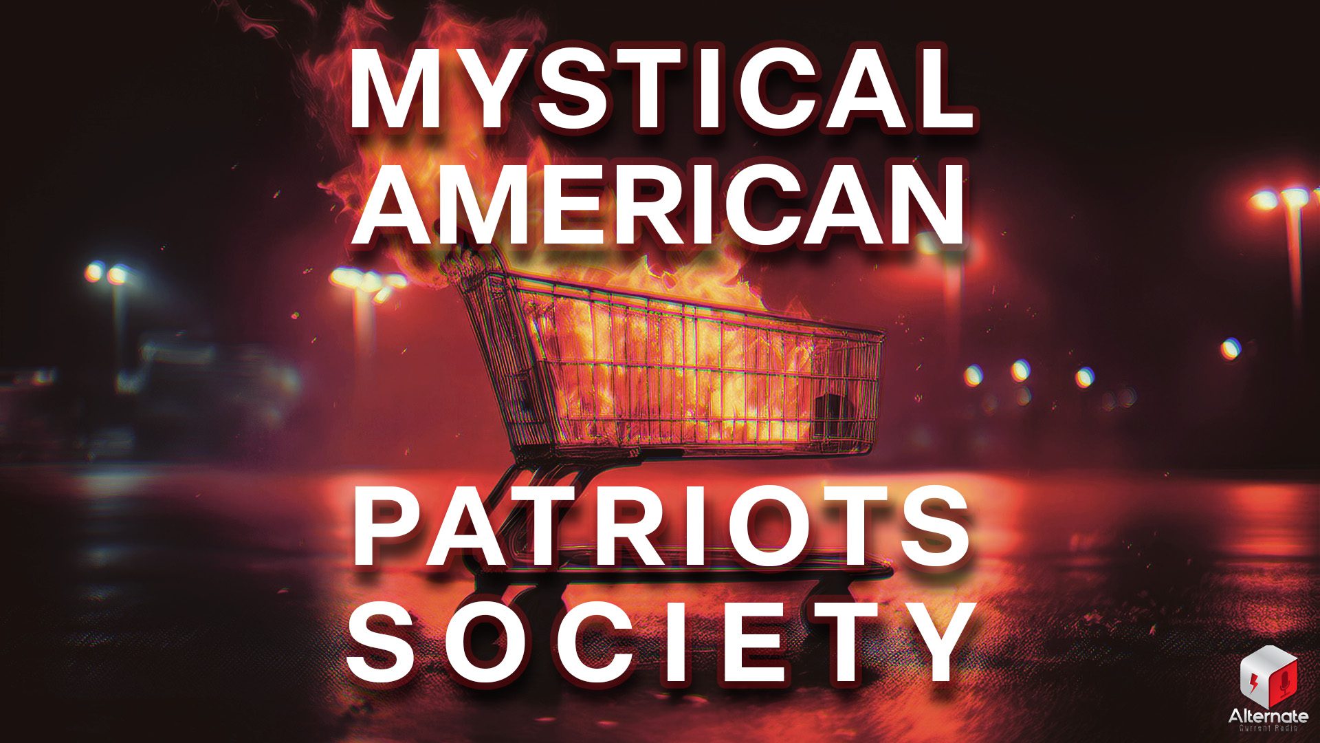 A shopping cart burns intensely in a dark parking lot at night, with bright orange flames rising from inside the cart and reflecting off the wet pavement. Blurred streetlights and distant building lights glow softly in the background. The image includes an overlaid MYSTICAL AMERICAN PATRIOTS SOCIETY logo across the center.