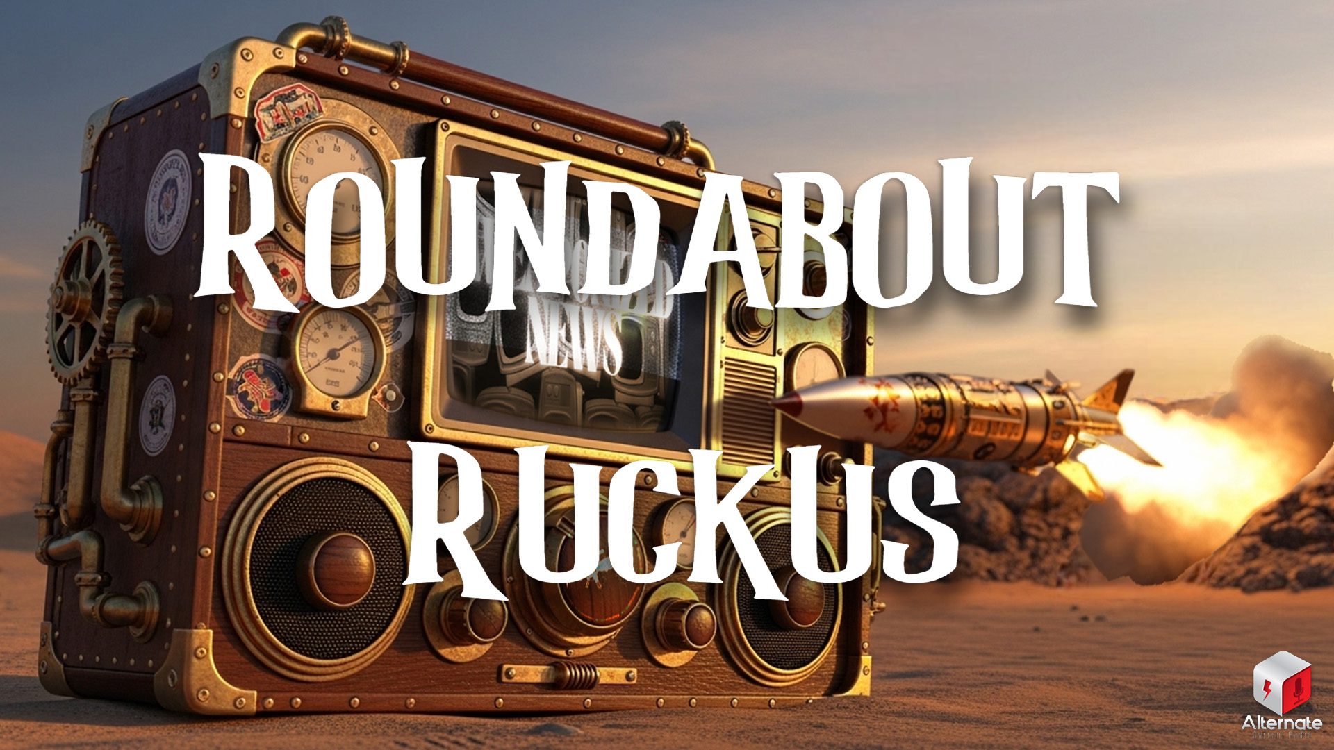 A steampunk-style control device sits in a desert landscape, covered in brass gauges, knobs, and a static-glitched screen displaying "WEAPONIZED NEWS." A rocket launches from the right side of the machine, trailing flames and smoke across the scene. The background shows rocky terrain under a dramatic sunset sky. The stylized “Roundabout Ruckus” logo is overlaid across the center of the image.
