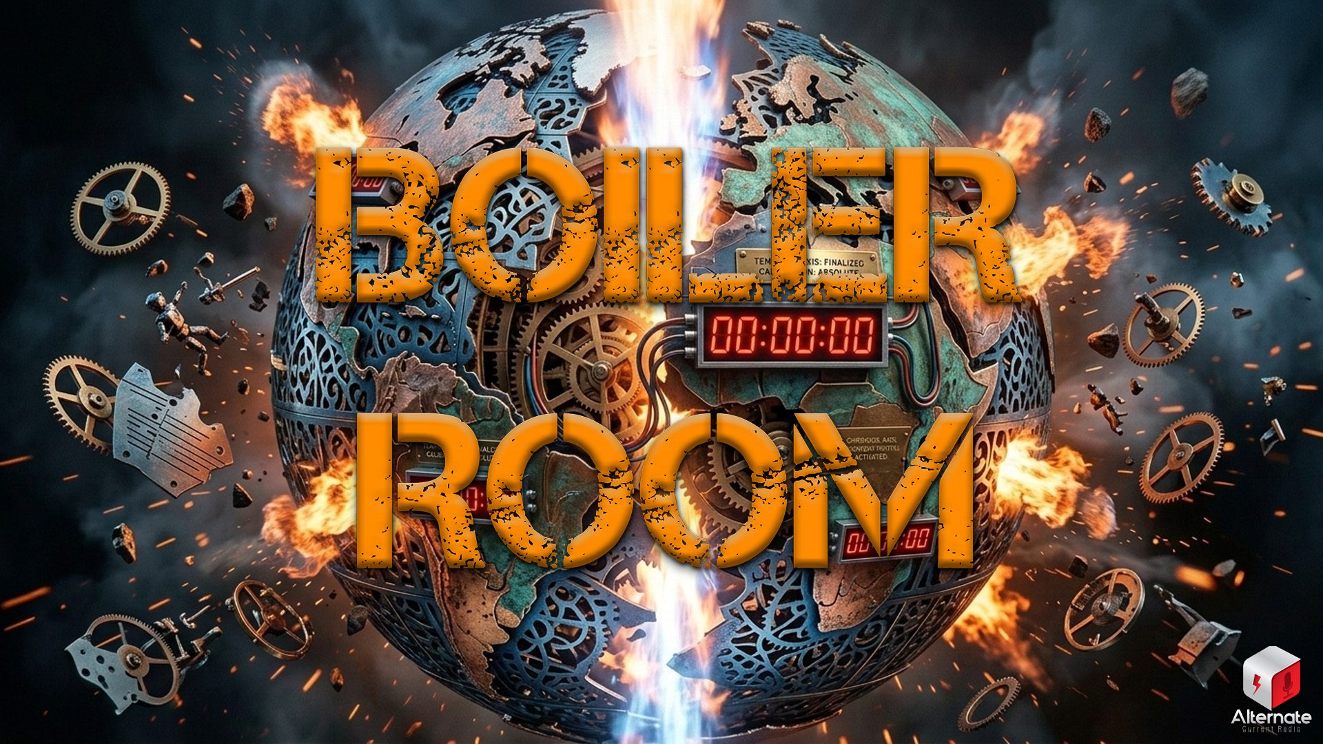 A globe cracking down the center, with explosions, gears and cogs