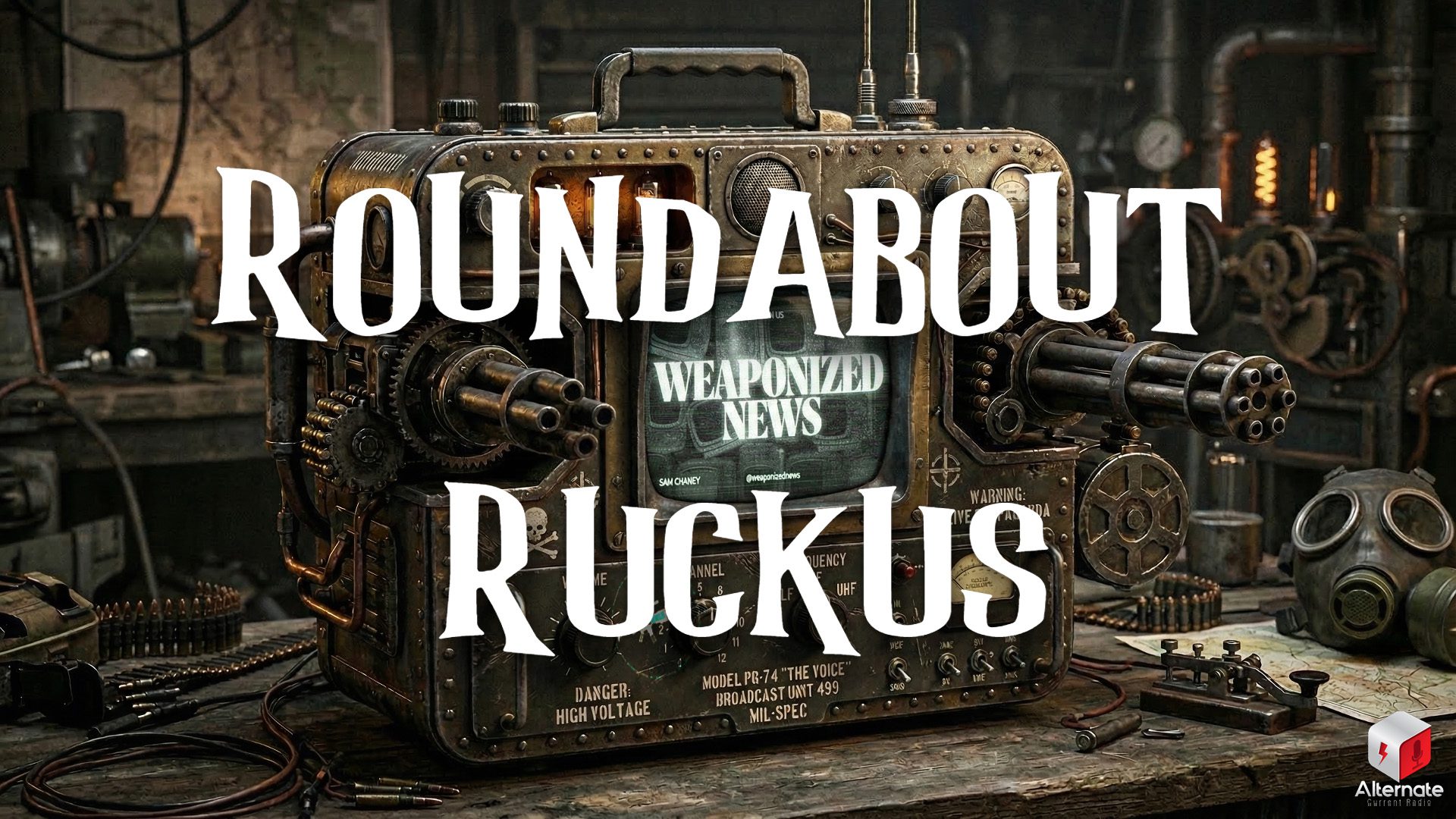 A heavily modified steampunk broadcast machine sits in a cluttered workshop, built from brass panels, gears, dials, and glowing vacuum tubes. Dual rotary cannons are mounted on each side of the device, giving it a weaponized, military appearance. The central screen displays a stylized “Weaponized News” graphic. Tools, ammunition, and a gas mask are scattered around the workspace. The image features an overlaid ROUNDABOUT RUCKUS logo.