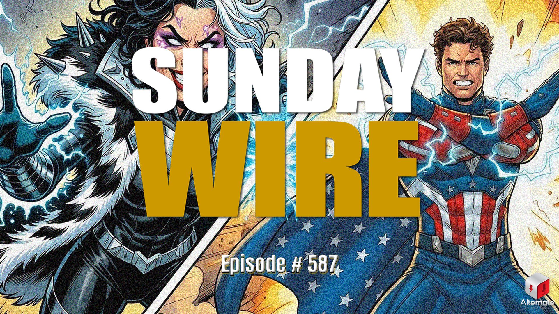 A comic‑style illustration shows two superpowered figures facing off in a dramatic split‑panel composition. On the left, Tulsi Gabbard wearing a fur‑trimmed black outfit unleashes blue lightning from her hand, with glowing marks around her eyes. On the right, Joe Kent dressed in a patriotic, star‑spangled suit stands with crossed arms as blue energy radiates from him, with an explosion and flying debris behind him. The central area is covered by a large, stylized SUNDAY WIRE logo.