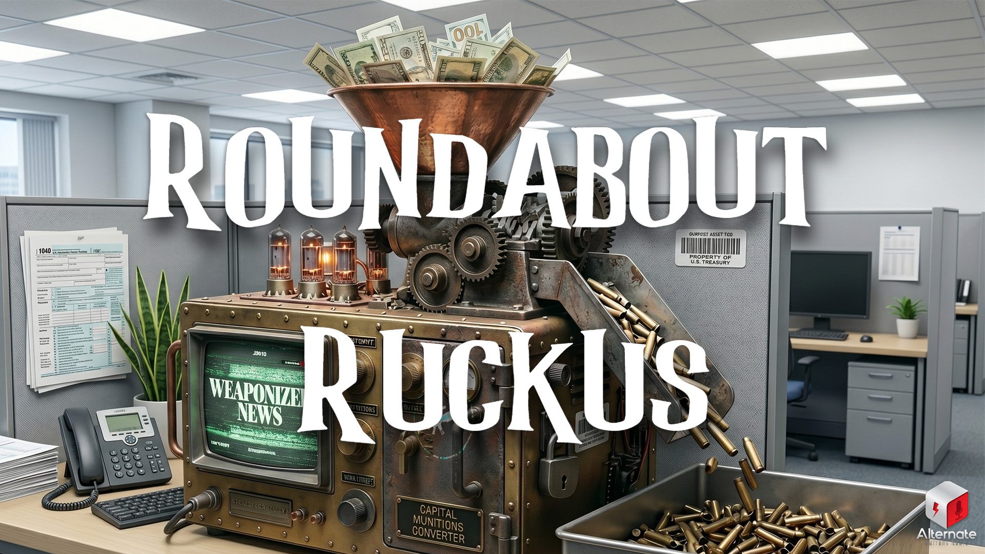 A steampunk-style machine sits on an office desk, built from metal panels, gears, pipes, and glowing vacuum tubes. U.S. dollar bills are fed into a large funnel at the top, and brass bullet casings drop into a tray below. The machine is surrounded by typical office items, including a computer keyboard, phone, paperwork, and tax forms, all within a cubicle-style workspace. With the ROUNDABOUT RUCKUS logo overlaid at the center.