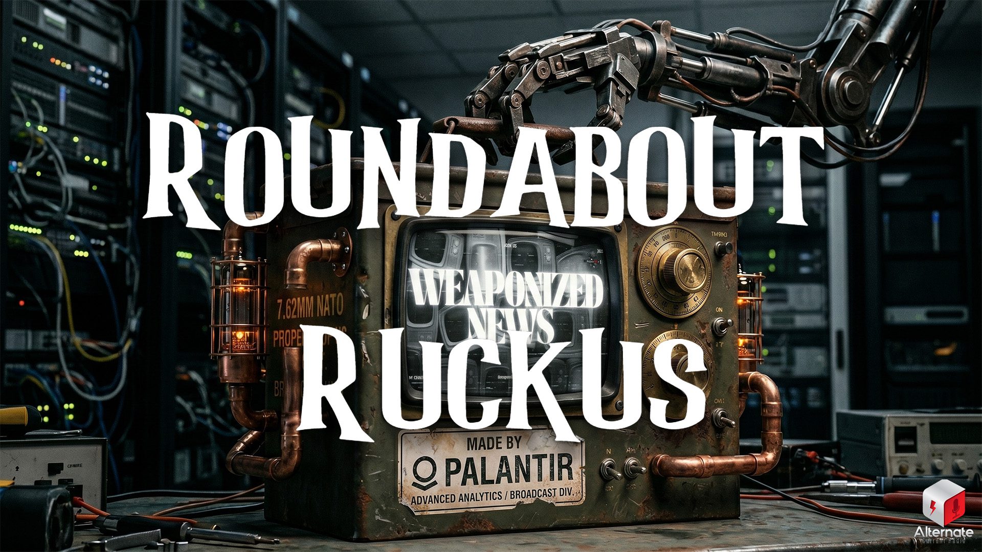 A military‑styled broadcast machine sits inside a dim server room, built from metal panels, copper pipes, gauges, and glowing vacuum tubes. A robotic arm reaches toward the top of the device, which resembles a retro television fused with industrial hardware. Behind it, rows of server racks glow with indicator lights and cables. Image has a stylized ROUNDABOUT RUCKUS logo overlaid at the center.