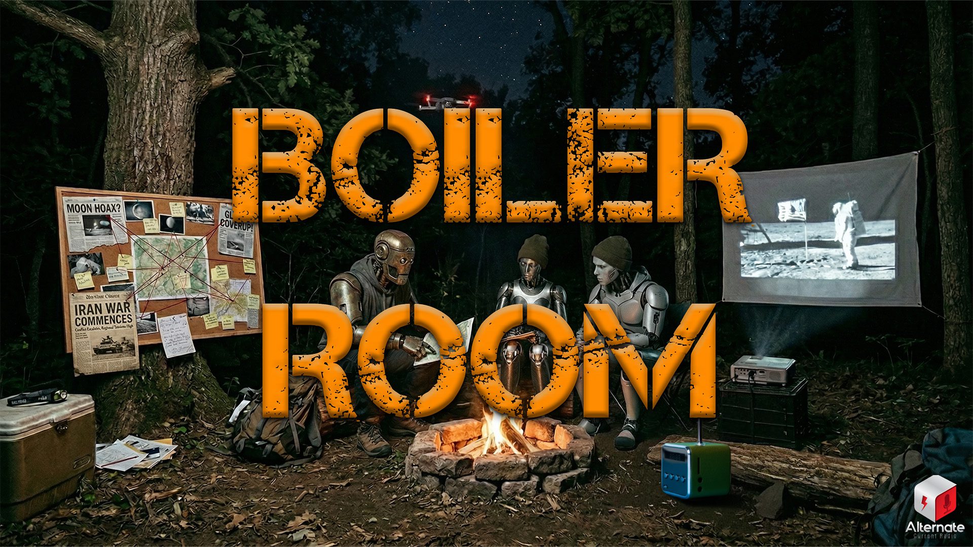 Robots sitting around a camp fire looking at battle plans with a Boiler Room logo atop