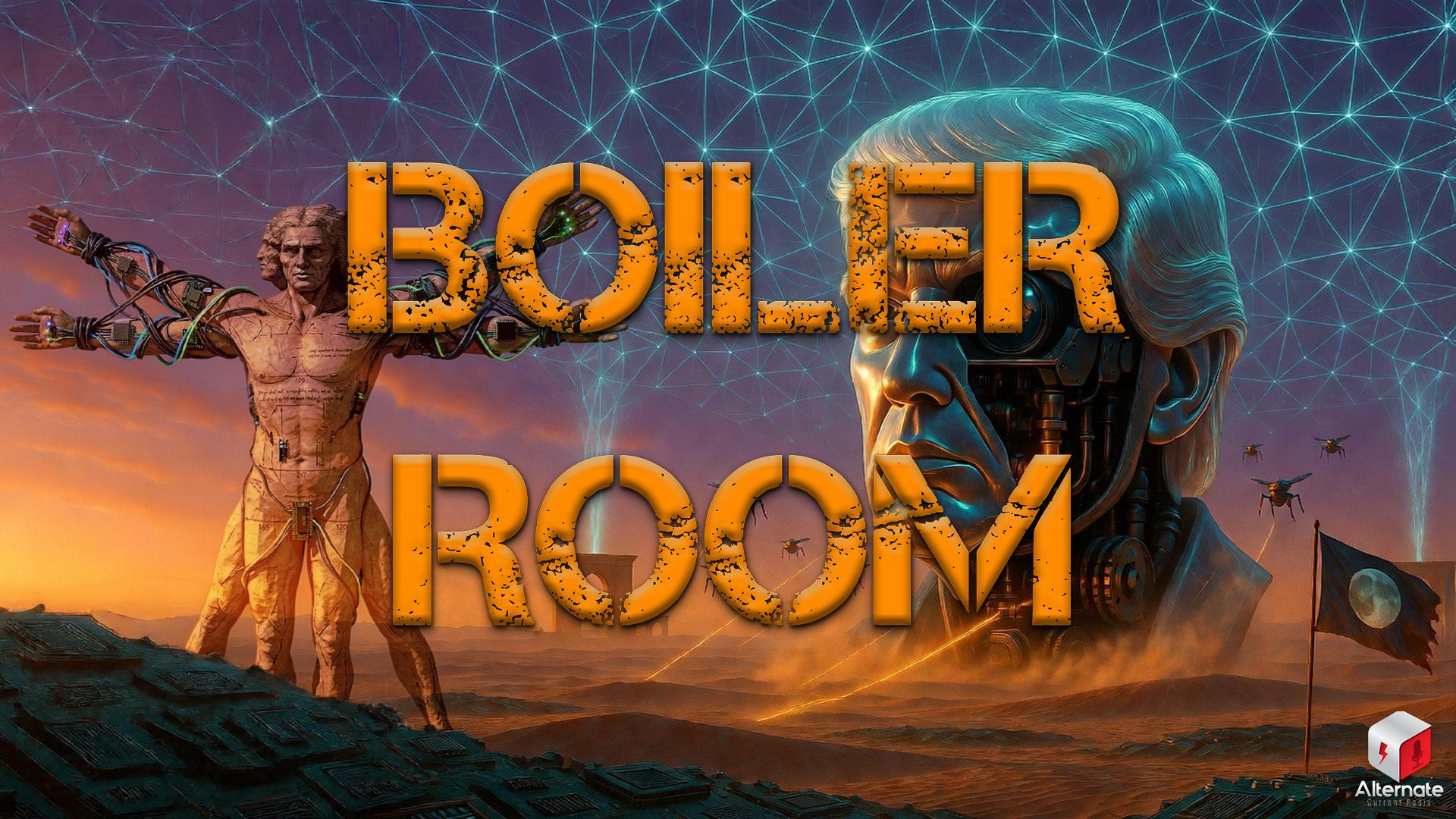 Cyborg Trump head, a digital grid and the Vitruvian Man, with Boiler Room logo atop