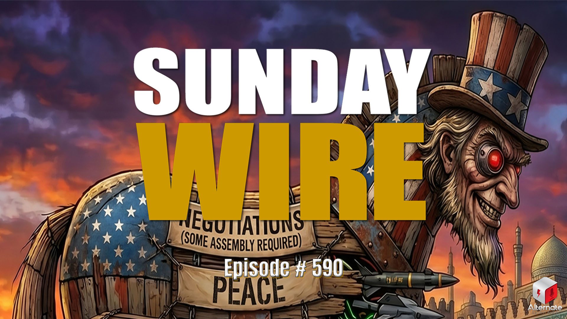 A Trojan Horse stle political cartoon with Sunday Wire logo