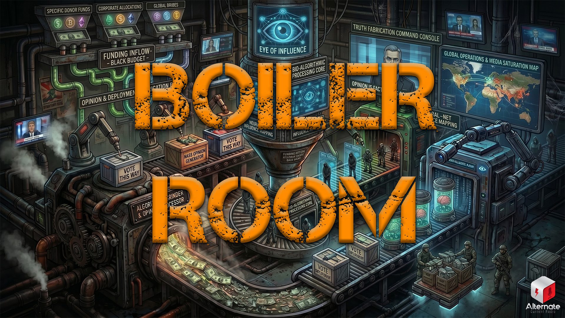 The technocratic influence factory, with Boiler Room logo atop