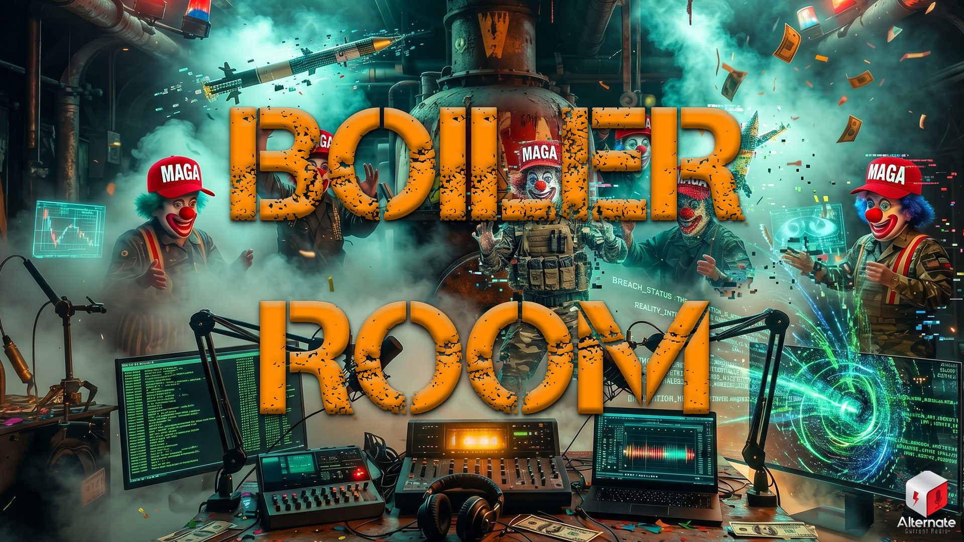 The clownish chaos of the current state of American Politics and media. Boiler Room logo atop