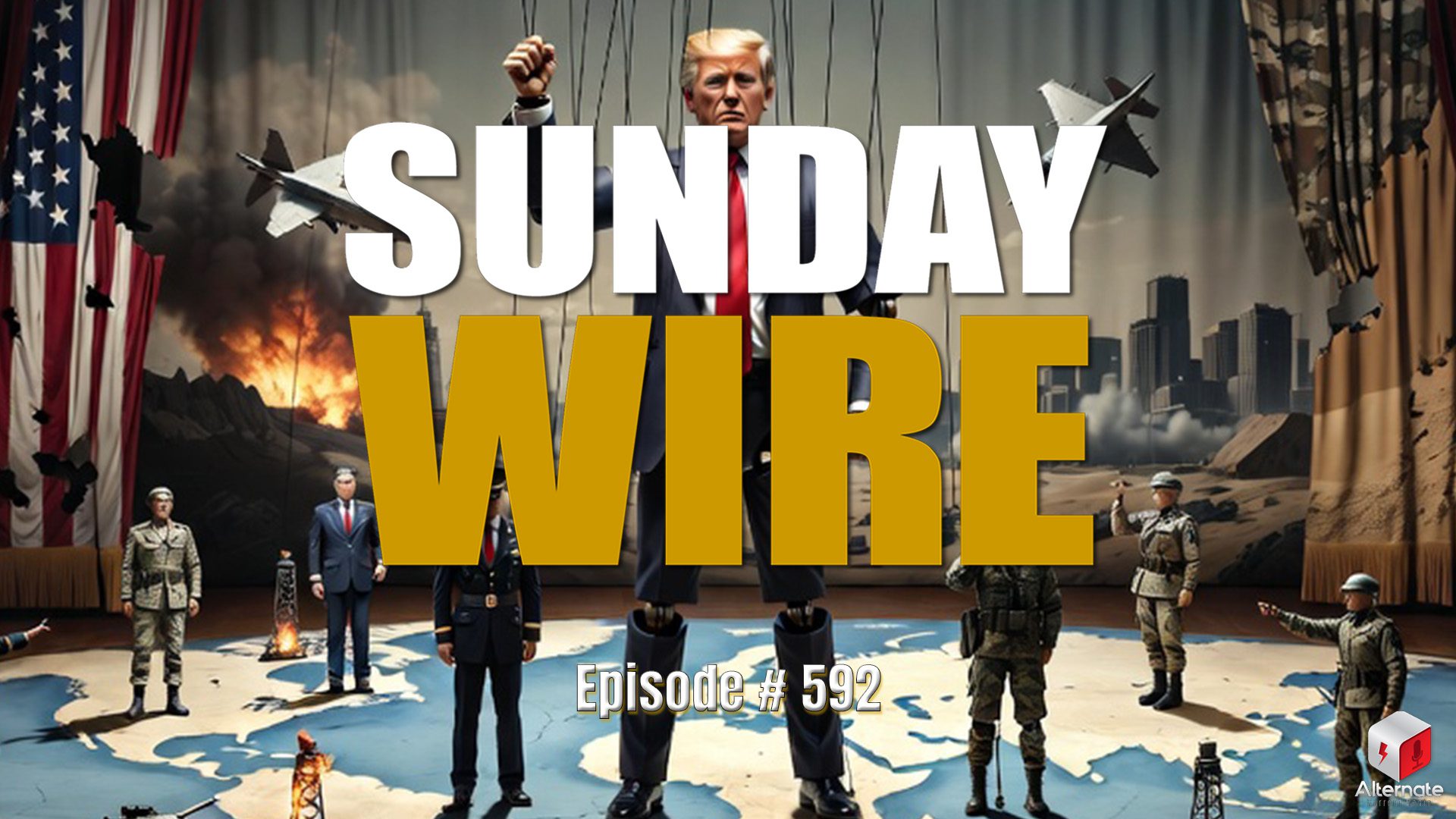 Puppet version of Trump in a marionette war theater