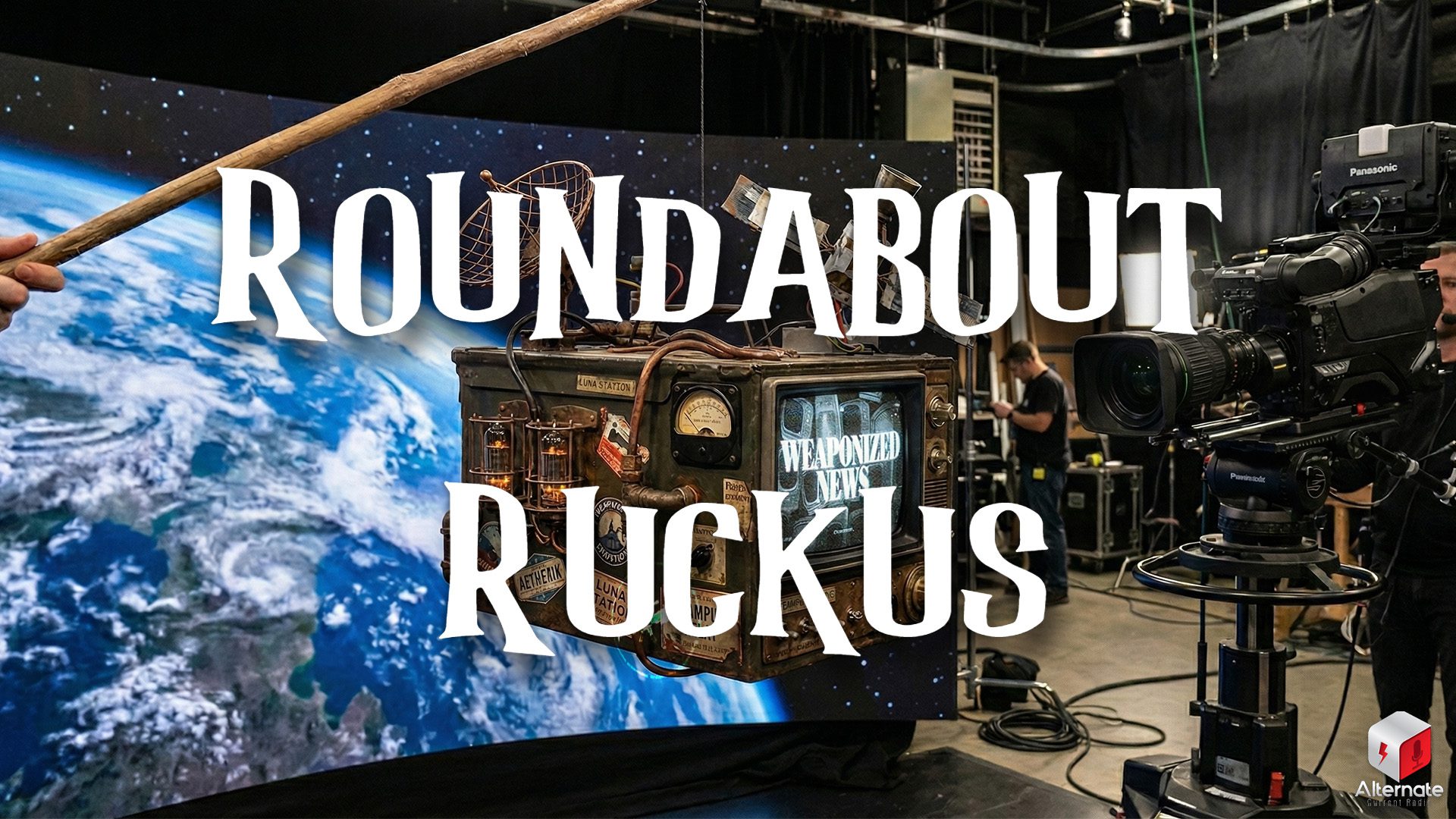 A television studio setup shows a camera operator filming a suspended steampunk‑style broadcast device made of brass panels, tubes, gauges, wires, and mechanical components. The device resembles a retro television fused with satellite "prop" hardware and hangs in front of a large curved backdrop displaying Earth from space.