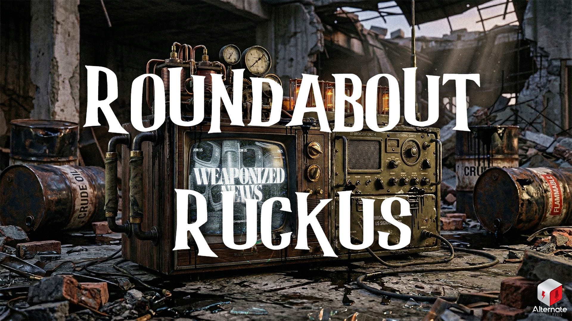A retro television fused with a military‑style radio transmitter sits amid rubble in a destroyed industrial area. The machine is built from metal panels, coils, gauges, gears, and glowing vacuum tubes. Broken bricks, debris, and dented oil drums surround it, with sunlight filtering through a partially collapsed roof above. The image includes an overlaid ROUNDABOUT RUCKUS logo across the center.
