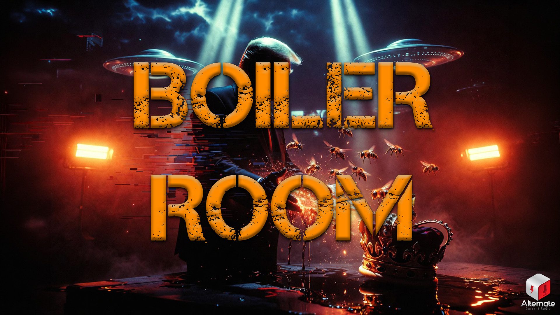 Boiler Room logo: bees, crown, UFOs, Trump silhouette, glitching figure