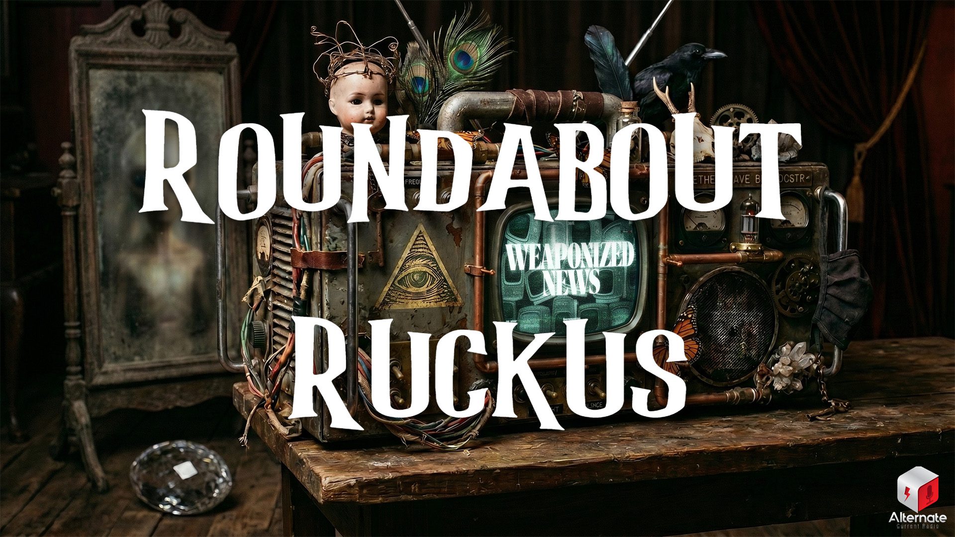 A steampunk‑style table setup featuring an old television displaying the words “Weaponized News,” surrounded by eclectic objects including monarch butterflies, a doll’s head with wires and feathers, a metal panel with an eye‑in‑a‑triangle symbol, exposed gears, tangled cables, and a raven figure; an aged mirror (reflecting an "alien grey") and dark drapery frame the scene, with “Roundabout Ruckus” appearing prominently across the image.