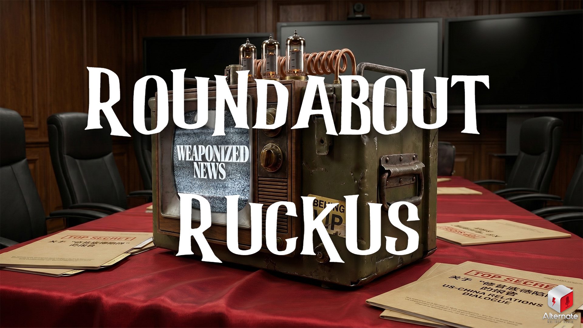 A vintage, military‑style television unit sits on a long conference table covered in a red cloth. The device has metal panels, tubes, and coils, giving it a rugged, steampunk appearance. Around it are several manila folders marked as classified, arranged among black leather chairs in a formal meeting room. The image includes an overlaid ROUNDABOUT RUCKUS logo across the center.