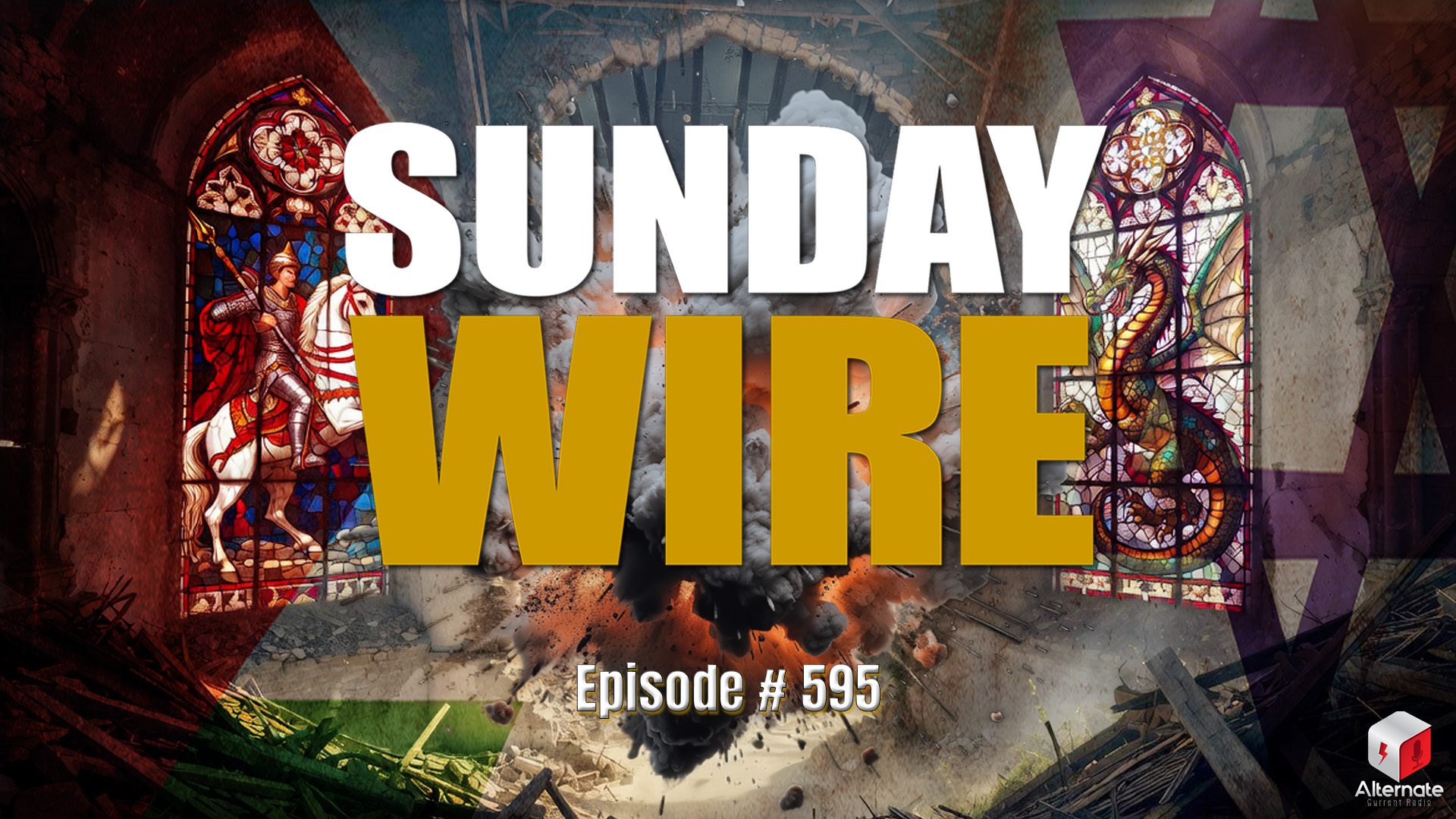 St George and a dragon in stain glass windows, with explosion and Sunday Wire logo
