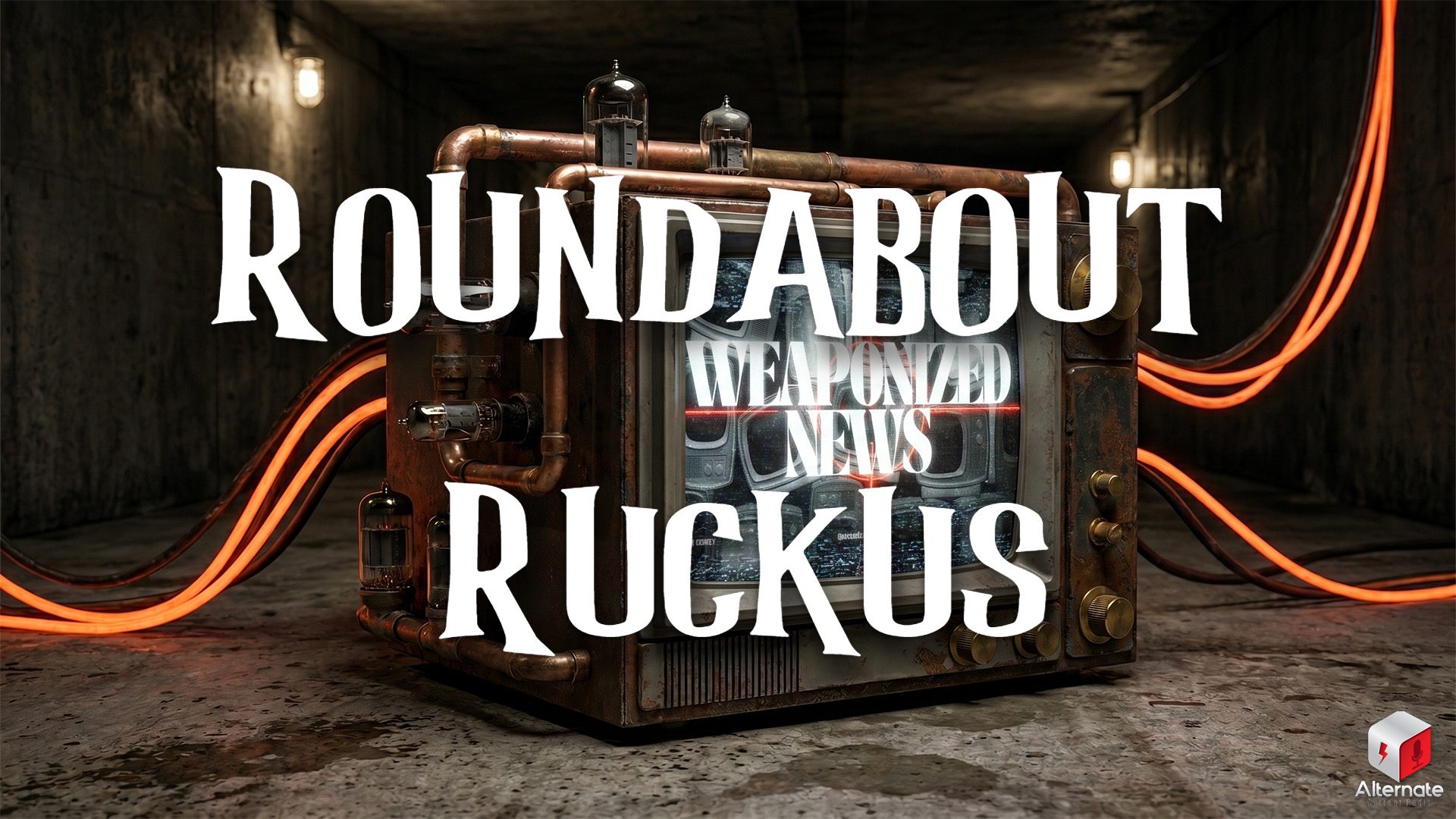 A retro industrial television with copper pipes, vacuum tubes, and glowing cables displays the words “Weaponized News” over a collage of old TV screens and static; the device sits in a dim concrete room lit by two wall‑mounted lights, creating a gritty, bunker‑like atmosphere. With the ROUNDABOUT RUCKUS logo overlaid at the center.