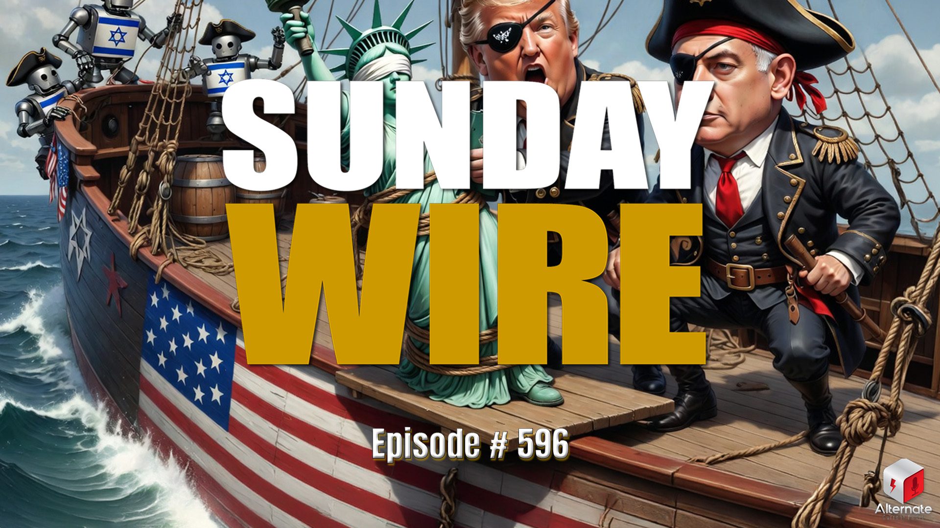 Pirate similar to DT and pirate similar to BN... doing piracy stuff, sunday wire logo atop