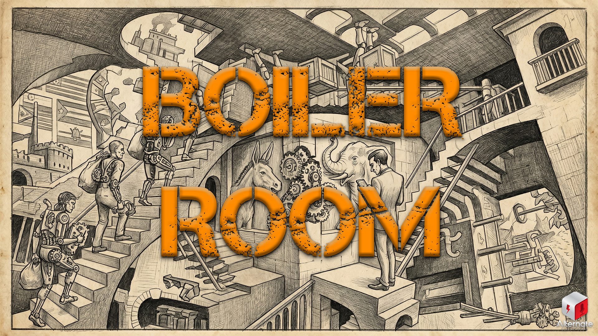 Escher-like feeling stairways with various science, robotics and arts happening among the machinery. Boiler Room logo atop