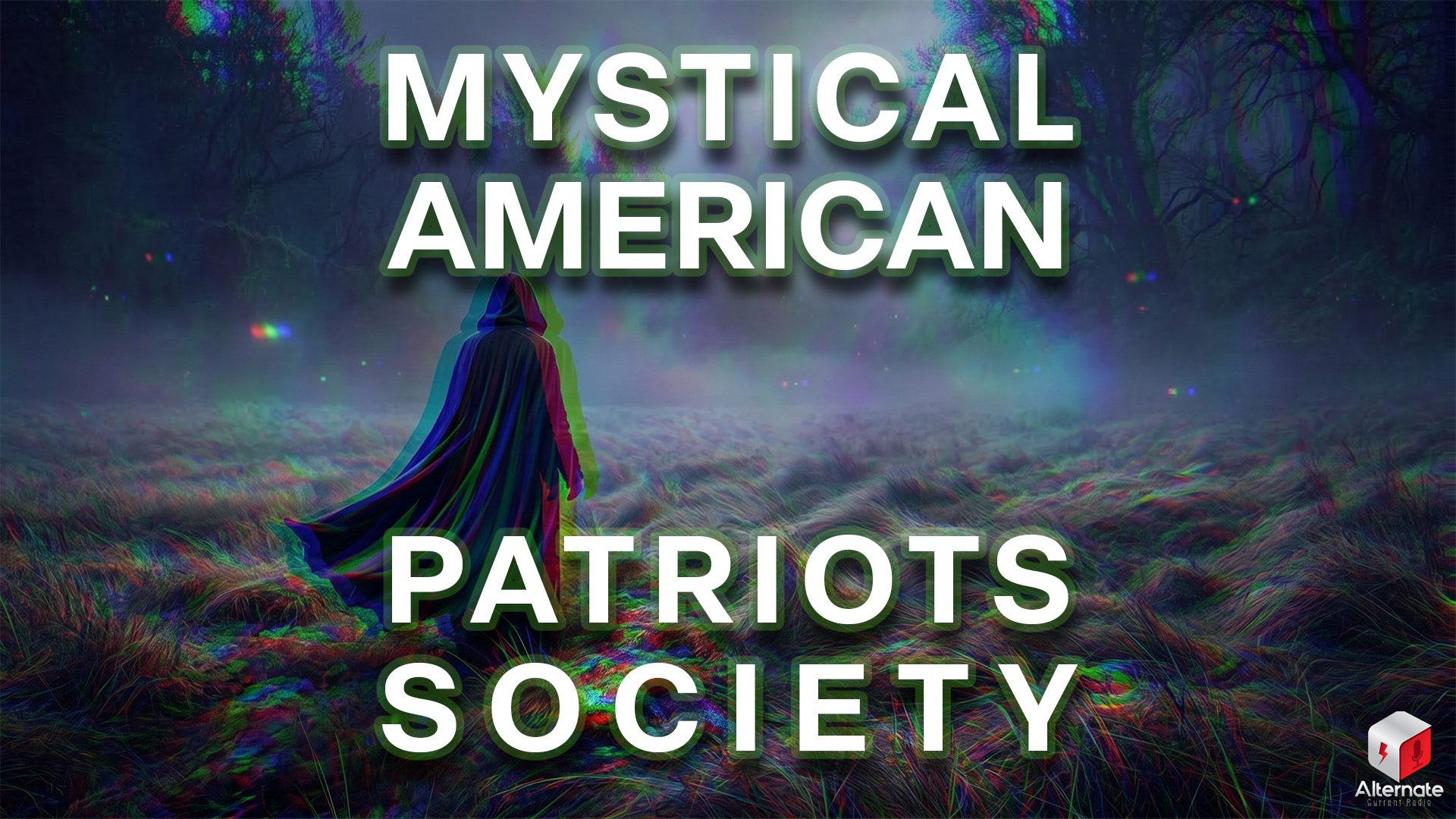 A hooded figure in a long dark cloak walks through a misty field surrounded by tall grass. Dark, leafless trees rise in the background as dense fog fills the scene. Multicolored glitch‑like distortions and refracted light effects ripple across the image. Includes an overlaid MYSTICAL AMERICAN PATRIOTS SOCIETY logo across the center.