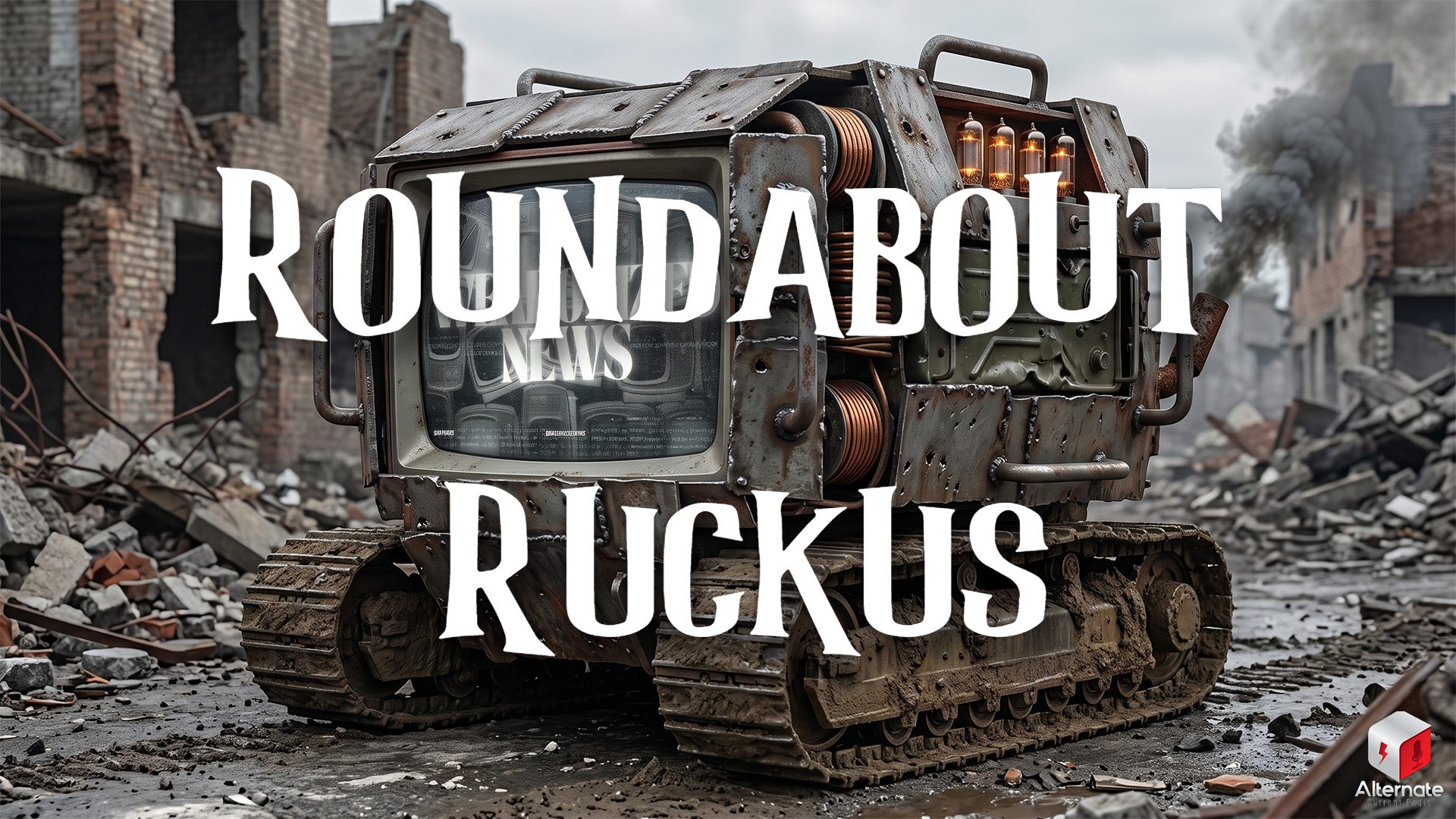 A rugged, post-apocalyptic tank built from a retro TV and rusted metal plating sits on muddy continuous tracks amidst urban ruins and rubble. The TV screen displays the text "WEAPONIZED NEWS". The "ROUNDABOUT RUCKUS" logo is overlaid on the image.