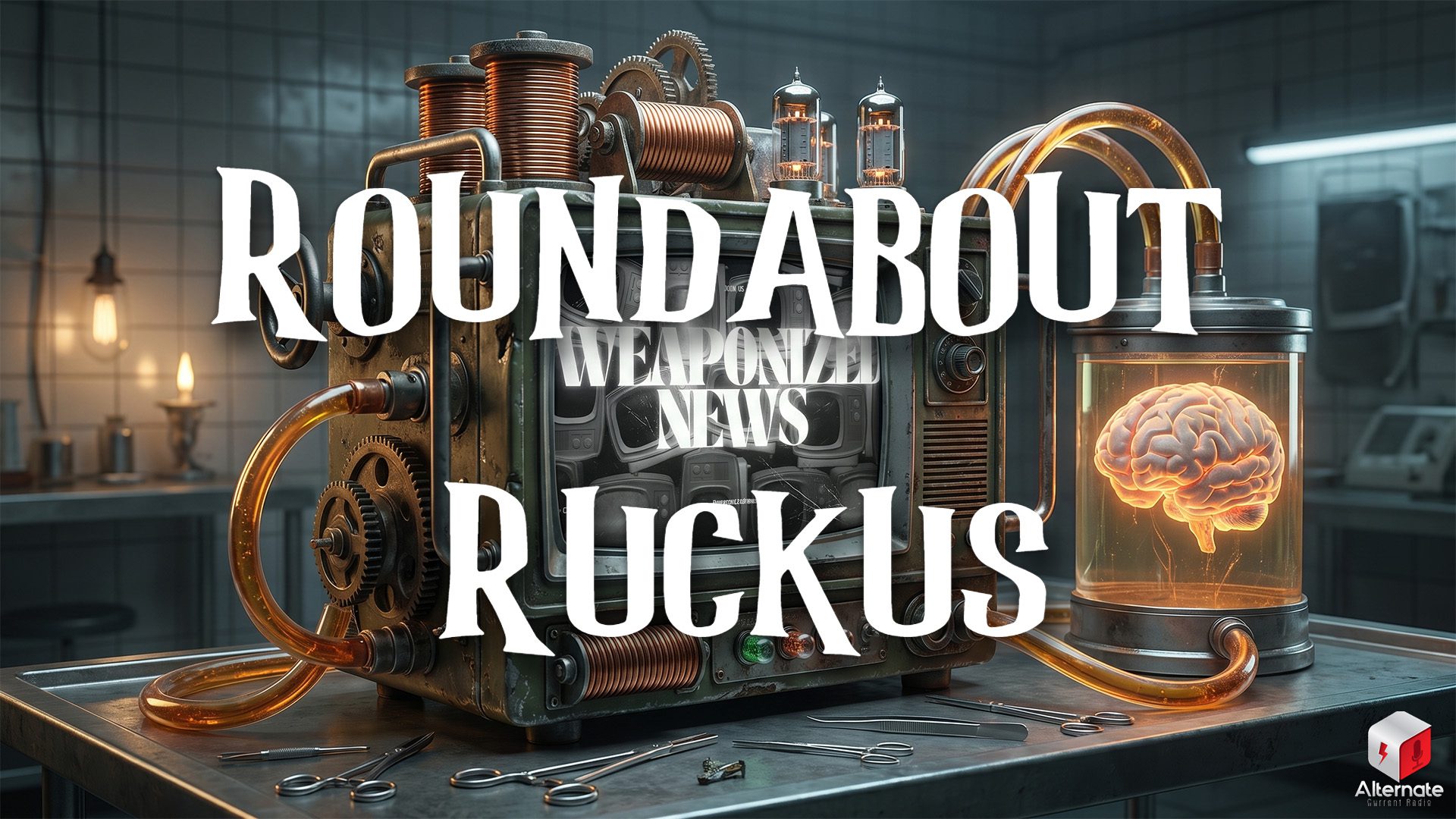 A steampunk laboratory setup features a vintage television connected by glowing tubes to a glass cylinder containing a suspended human brain. The machine is built from metal panels, coils, valves, and gears, all arranged on a tiled lab table with surgical tools nearby. Dim bulbs in the background cast a moody, experimental atmosphere. With the ROUNDABOUT RUCKUS logo overlaid at the center.