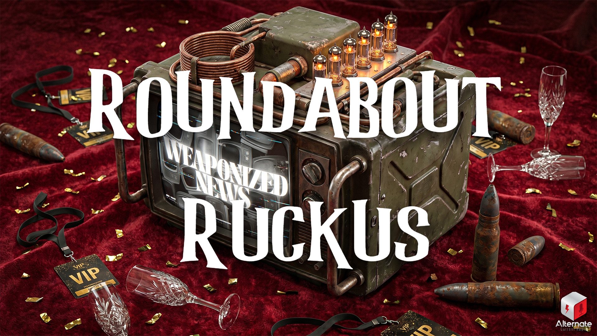 A vintage television built into a metal jerry can sits on red velvet fabric scattered with gold confetti. Copper tubes, coils, and glowing vacuum tubes decorate the device. Around it are large rusted artillery shells, crystal glasses—one upright and one tipped over—and black lanyards with gold VIP badges. With the ROUNDABOUT RUCKUS logo across the image.