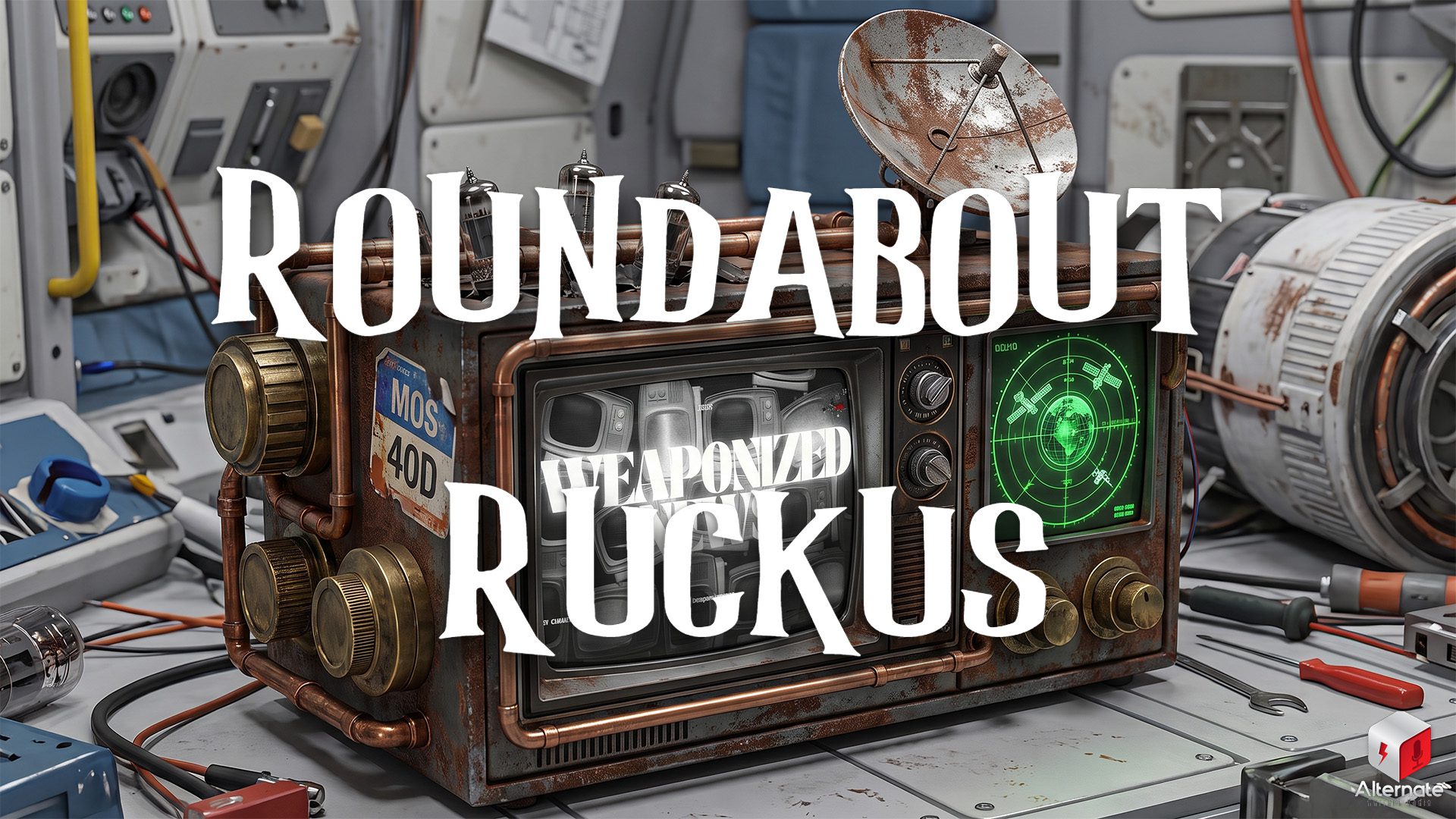 A retro‑styled television device sits on a cluttered workbench, built from brass knobs, copper piping, vacuum tubes, and a small rusty satellite dish. One screen shows WEAPONIZED NEWS in bold white text, while the other displays a green radar interface with a globe and satellite icons. Tools, cables, and electronic equipment surround the machine. The image features an overlaid ROUNDABOUT RUCKUS logo.