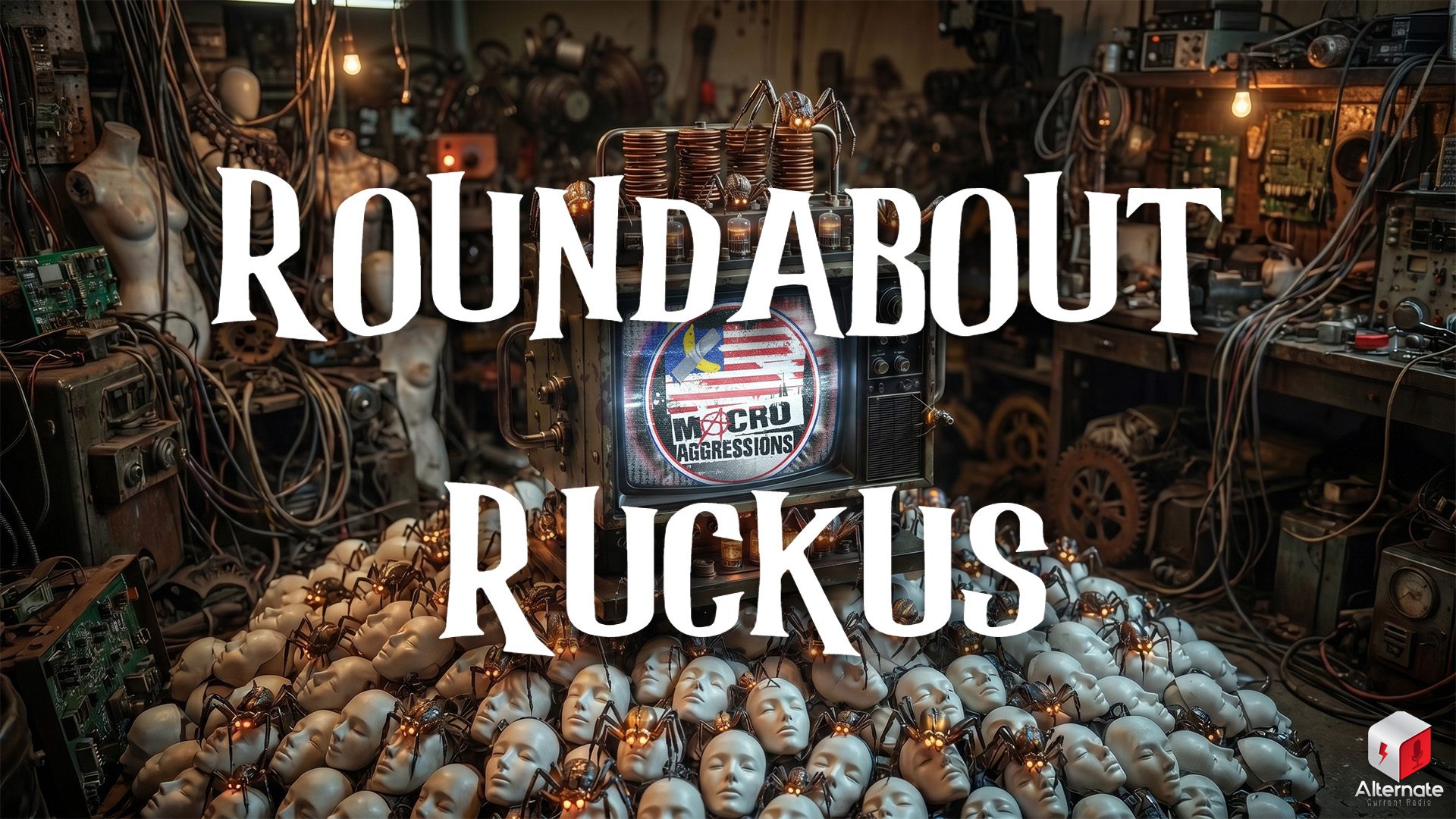A dim workshop filled with wires, tools, and mannequin torsos surrounds a steampunk-styled CRT television set. Numerous mannequin heads sit around it, each fitted with small robotic spider‑like devices. The TV displays a stylized MACROAGGRESSIONS logo and glowing lights built into its retro‑futuristic frame. The cluttered setting includes gears, circuit boards, and industrial equipment. The image includes an overlaid ROUNDABOUT RUCKUS logo across the center.