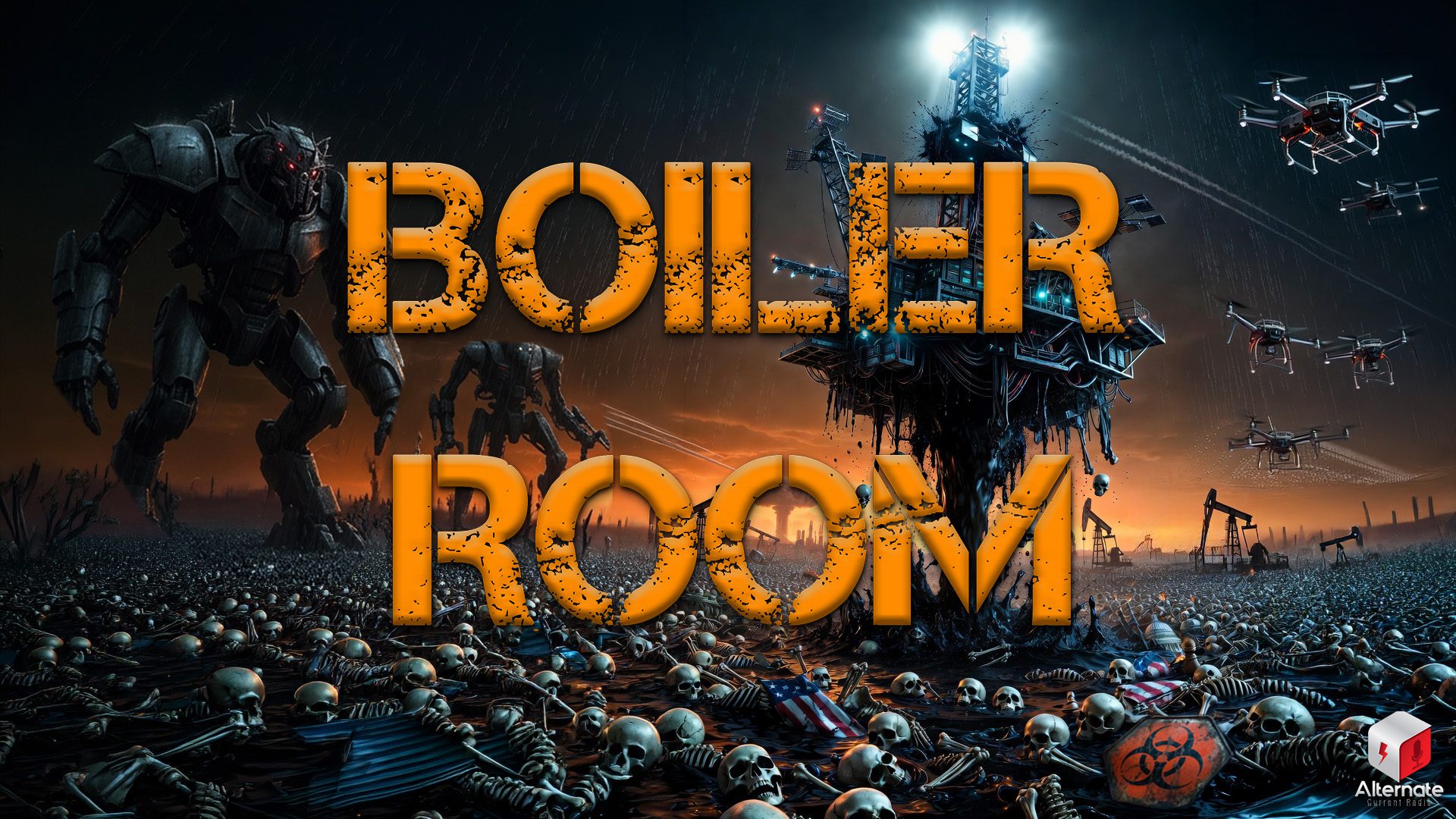 Dystopian AI battlefield illustration featuring autonomous robots, military drones, surveillance towers, massive data centers, oil infrastructure, and human figures amid a futuristic technological wasteland under a dark sky.