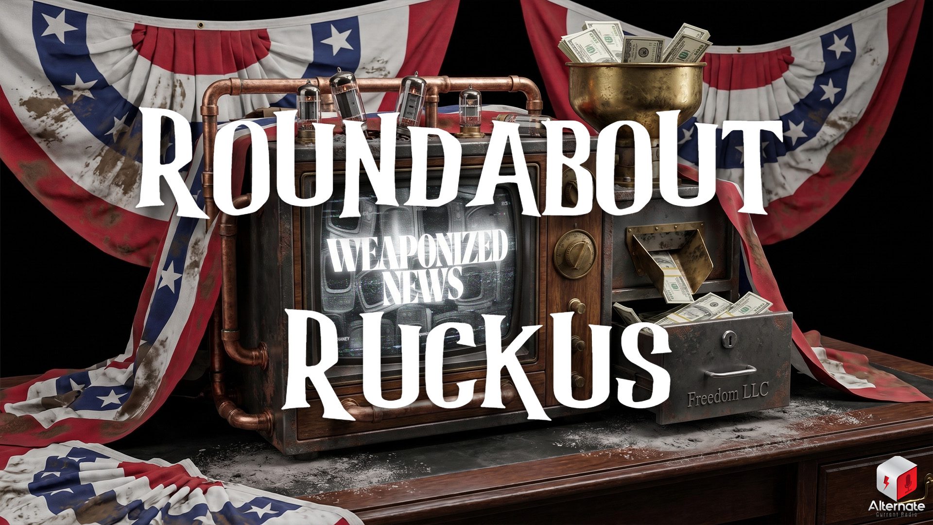 An old television sits on a dusty wooden desk, connected by copper pipes to a metal machine that dispenses stacks of dollar bills into a drawer labeled “Freedom LLC.” The TV displays bold text on its screen, and worn red, white, and blue bunting hangs behind the setup. The ROUNDABOUT RUCKUS logo is overlaid across the center of the image.