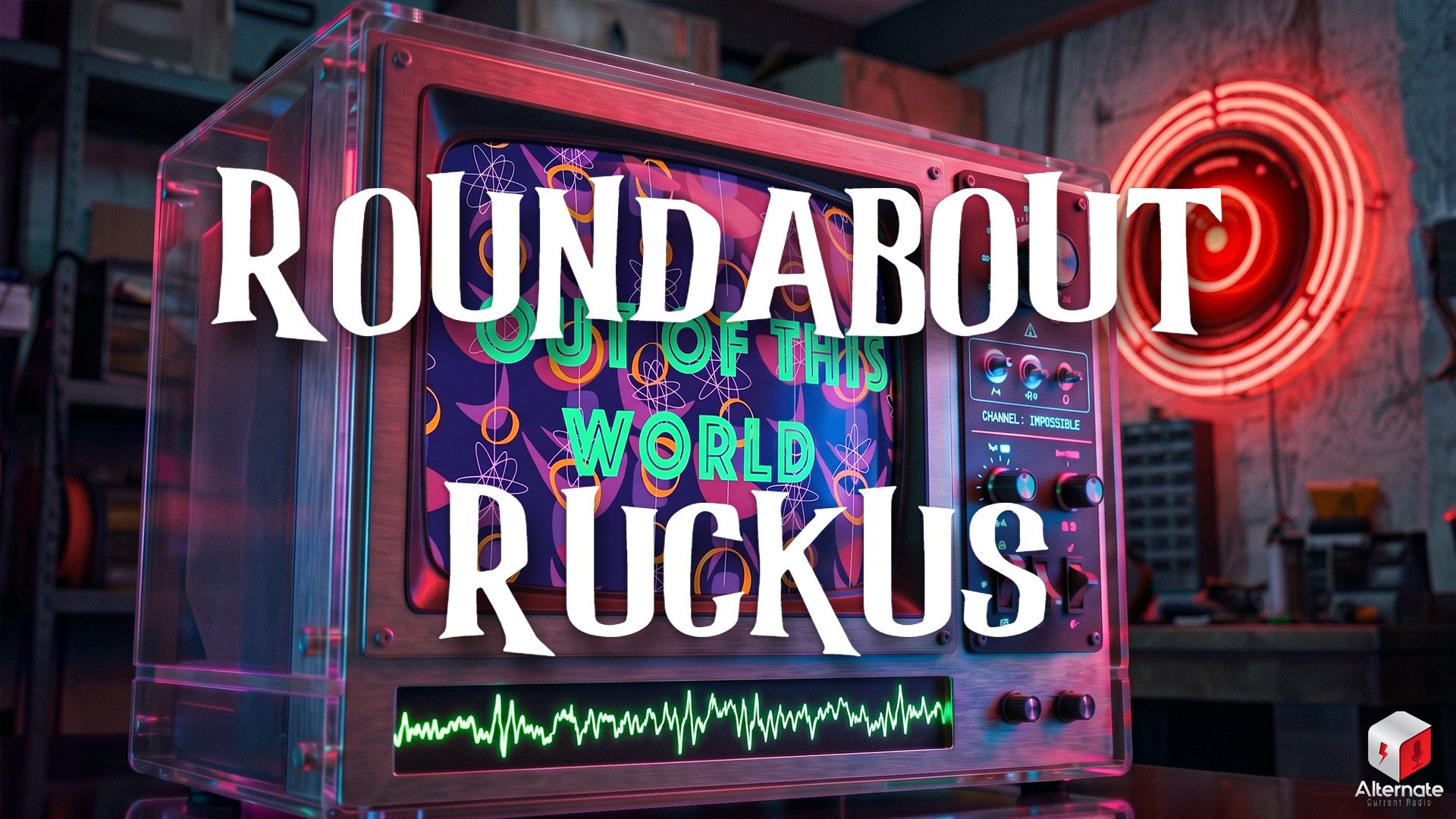 A retro television encased in a clear box displays colorful geometric patterns and the phrase “OUT OF THIS WORLD.” The TV features knobs and a green waveform display at the bottom. A red neon circle glows on the wall behind it, with shelves of assorted objects suggesting a workshop or studio setting. A stylized ROUNDABOUT RUCKUS logo is overlaid across the image.