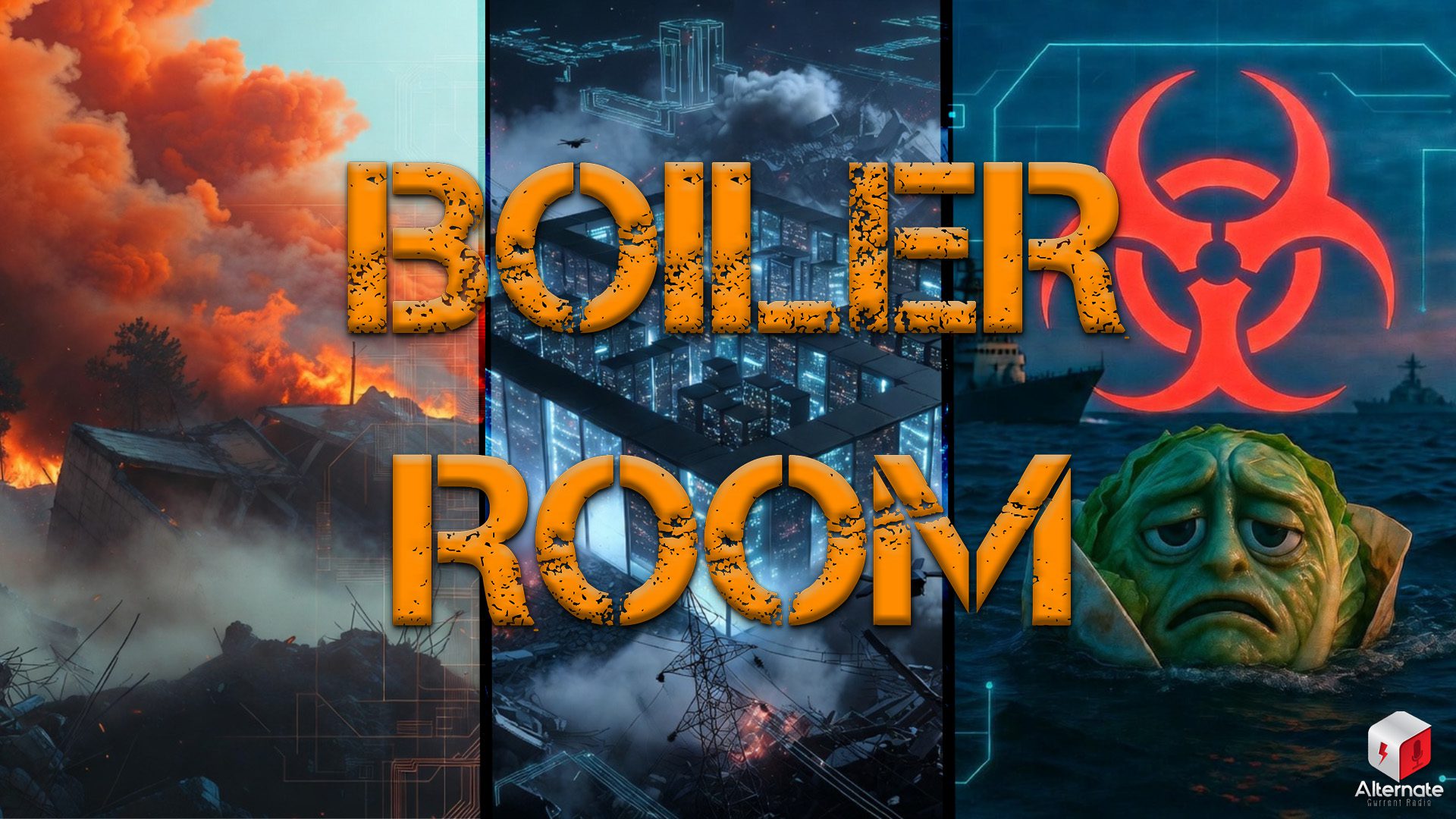 Boiler Room podcast artwork featuring wildfires, AI data centers, a biohazard symbol, and a distressed lettuce floating at sea, symbolizing engineered emergencies, surveillance infrastructure, and global crisis narratives.
