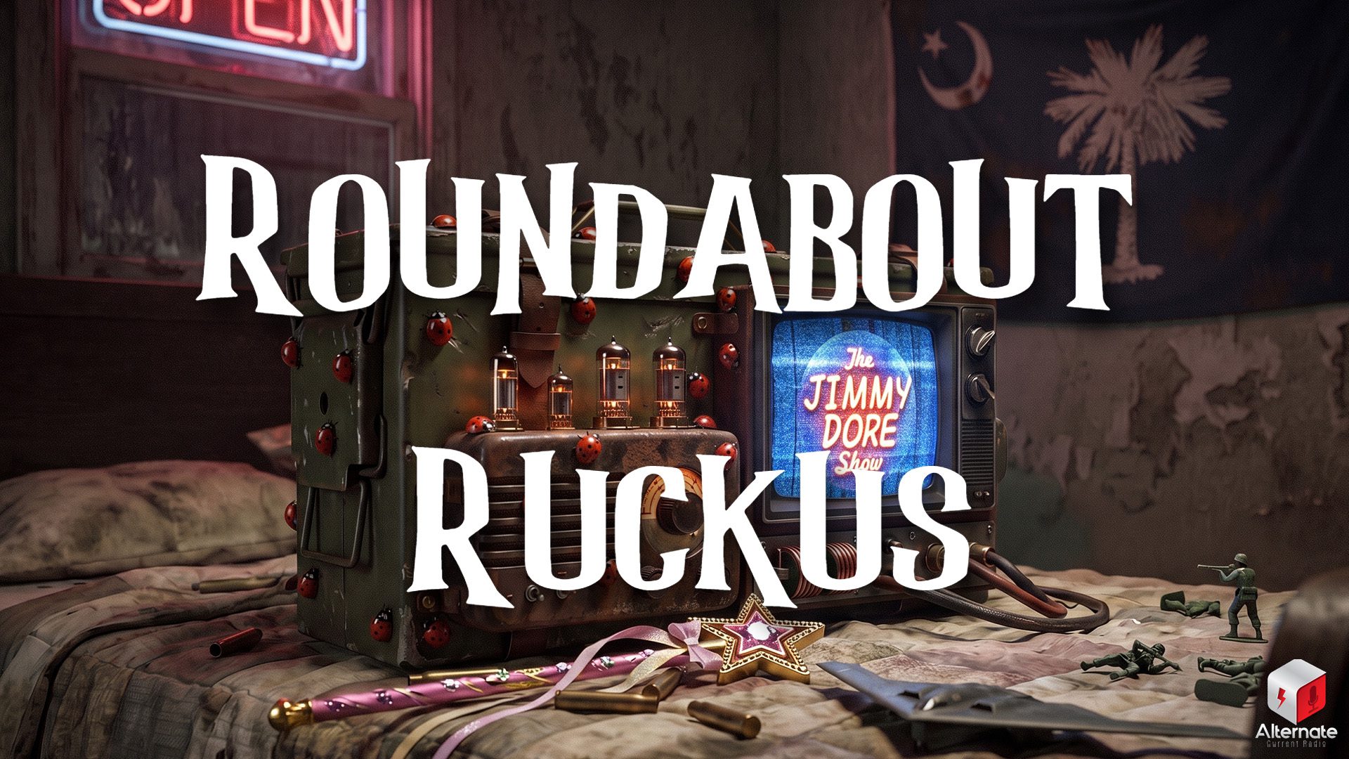 Ruckus on The Jimmy Dore Show (13-JUL-26) A vintage military‑style box modified into a glowing retro TV‑radio unit sits on a worn bed in a dim room. The device is adorned with ladybugs and the screen displays "THE JIMMY DORE SHOW". Toy soldiers, bullet casings, a star‑tipped 'princess wand', and a model of a US Stealth Fighter Jet are scattered across the quilt. A tattered South Carolina State flag hangs on the peeling wall, and a neon sign glows through a window. With the ROUNDABOUT RUCKUS logo overlaid across the image.
