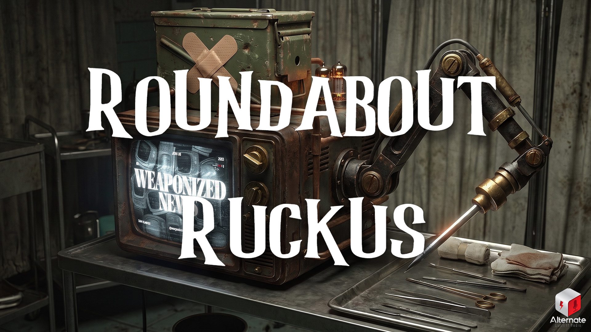 A retro television modified with brass pipes, glowing tubes, and industrial hardware sits in a medical setting. A robotic arm with a sharp tool hovers over a surgical tray filled with instruments and stained gauze. A green metal box with crossed bandages rests on top of the TV. A stylized ROUNDABOUT RUCKUS logo appears overlaid on the image.