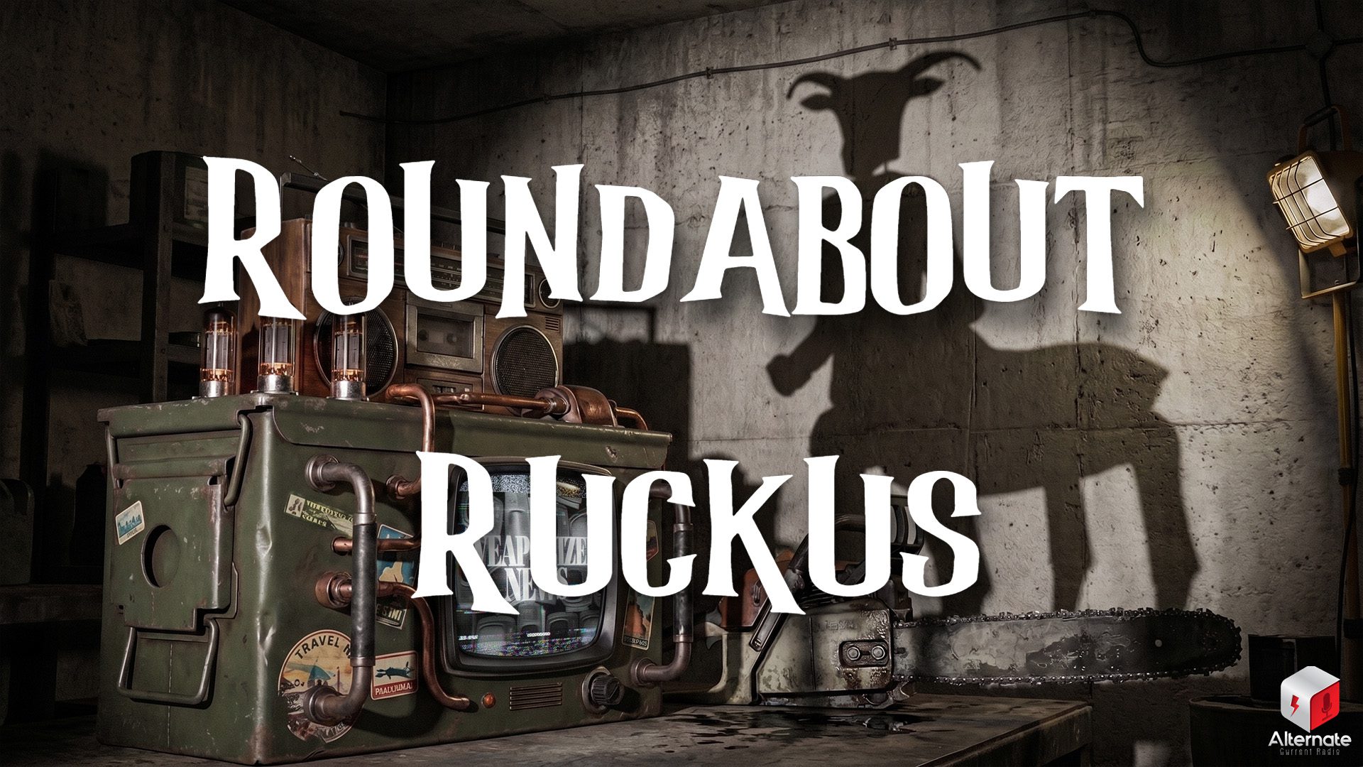 A retro television modified with pipes and glowing tubes sits on a workbench in a dim industrial room. An old boombox rests on top of the TV, and a chainsaw lies nearby. A bright lamp casts a shadow on the wall that resembles a horned, centaur‑like robotic figure. The stylized ROUNDABOUT RUCKUS logo is overlaid across the center of the image.