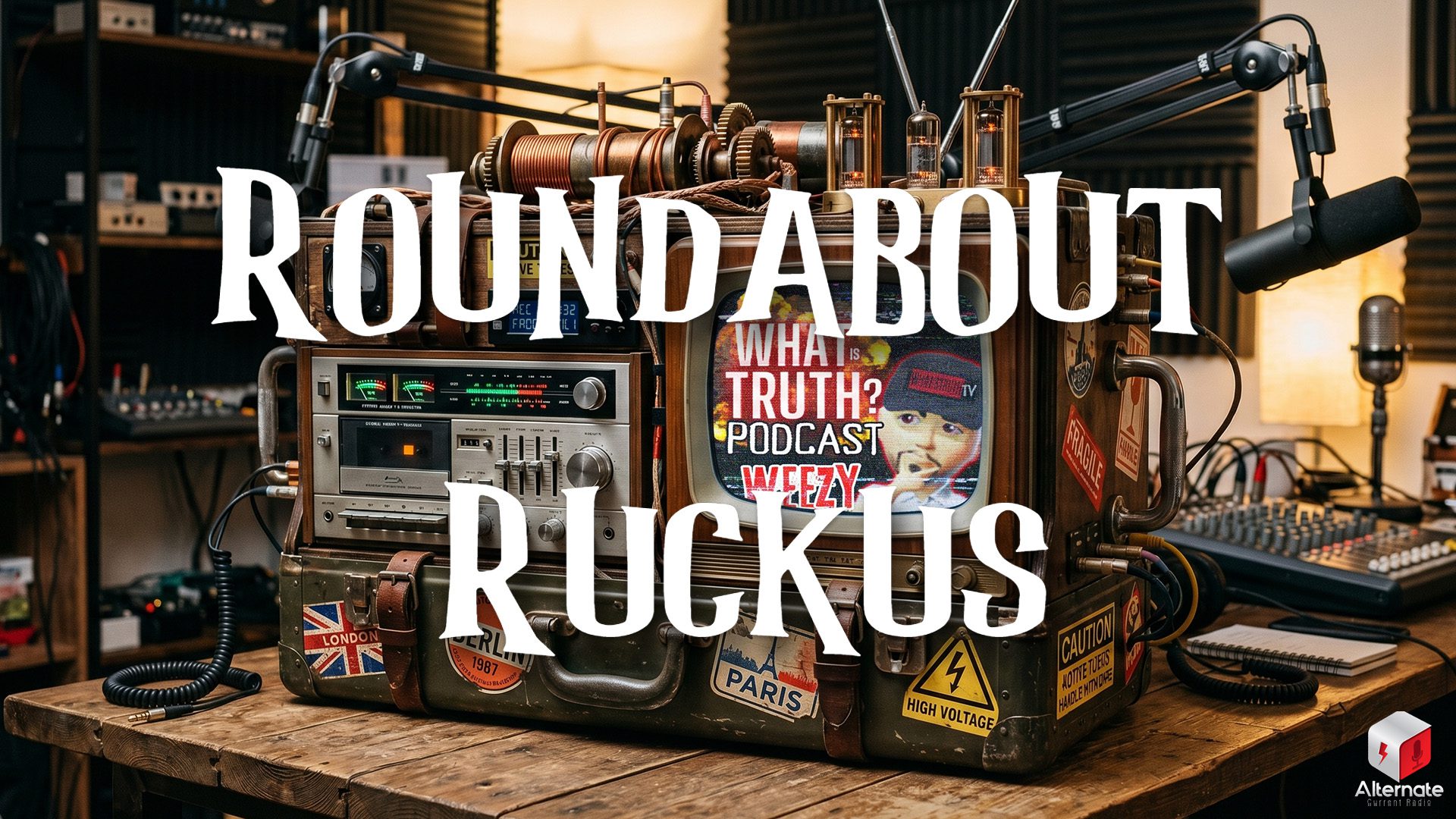A retro machine combining old radio hardware, a television screen, and glowing tubes sits in a podcast studio. The screen displays a WHAT IS TRUTH? PODCAST logo. Travel stickers and warning labels cover its metal casing. Two microphones flank the device, and audio equipment fills the background. With the ROUNDABOUT RUCKUS logo overlaid across the image.