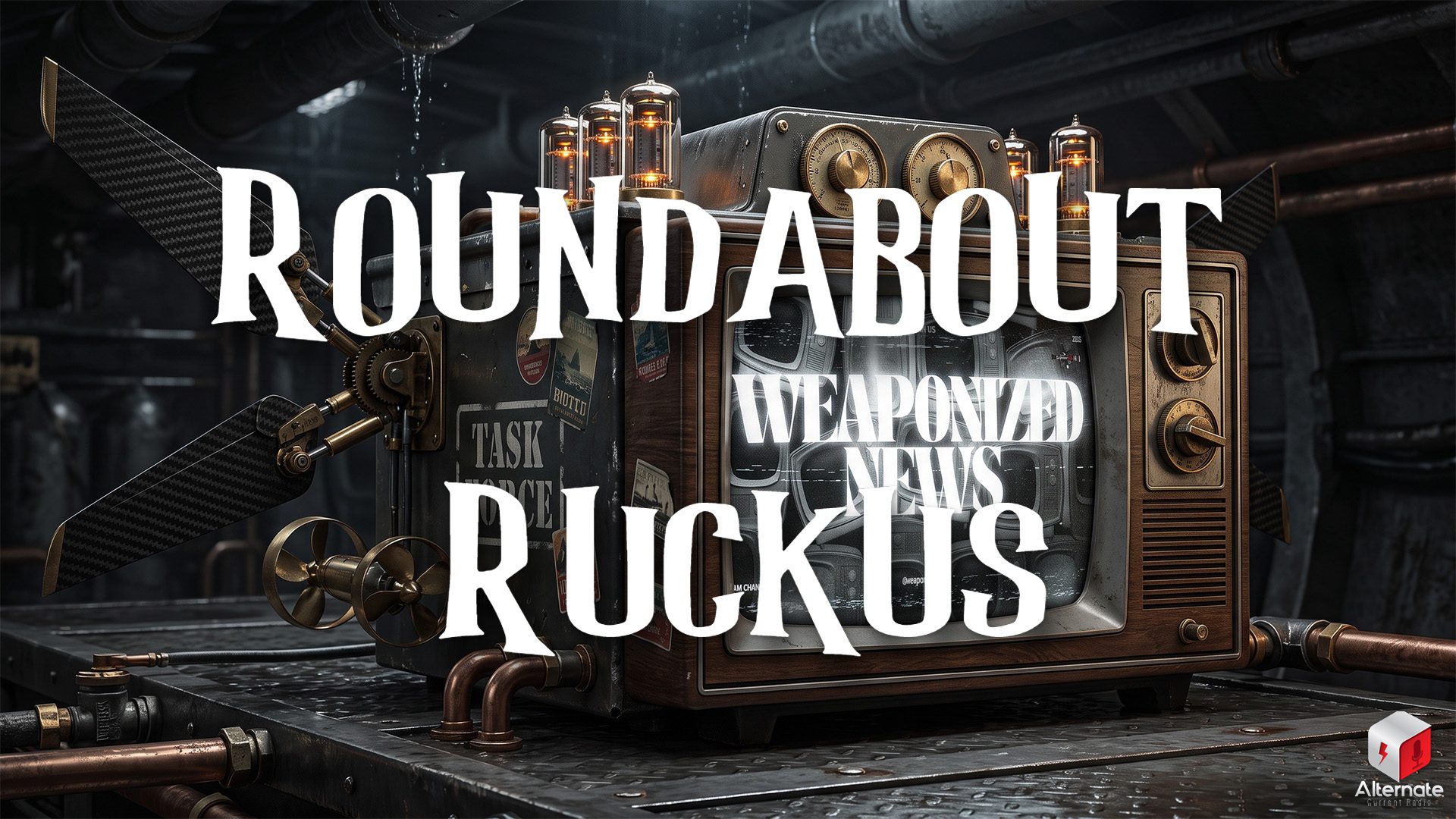 A retro television fused into a brass‑and‑copper machine sits in a dim industrial room. Propeller‑like attachments, glowing tubes, and worn stickers cover the device, while bold text fills the screen. With a ROUNDABOUT RUCKUS logo overlaid across the image.