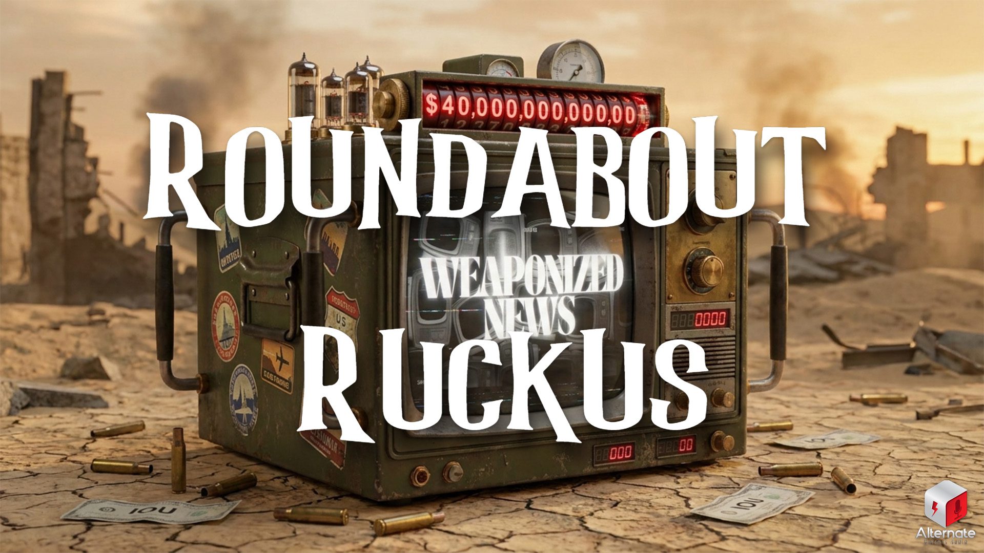 A military‑green television machine sits in a ruined landscape, surrounded by scattered bullet casings and IOU slips. Smoke rises from distant wreckage as digital numbers glow above the device. The image includes an overlaid ROUNDABOUT RUCKUS logo across the center.