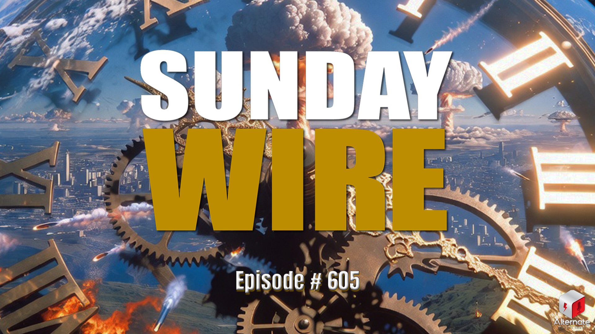 A landmass at war from high in the sky perspective, viewed through clockworks in the circumfrence, Sunday Wire logo atop