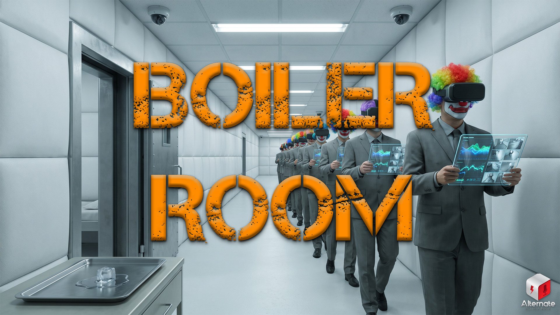 sterile institutional hallway, surveillance cameras, clown/VR figures and distressed BOILER ROOM typography