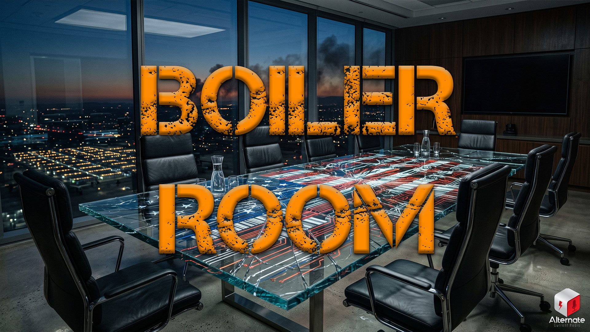 Boiler Room graphic showing an American flag transformed into electronic circuitry across a glass boardroom table as fires burn outside.