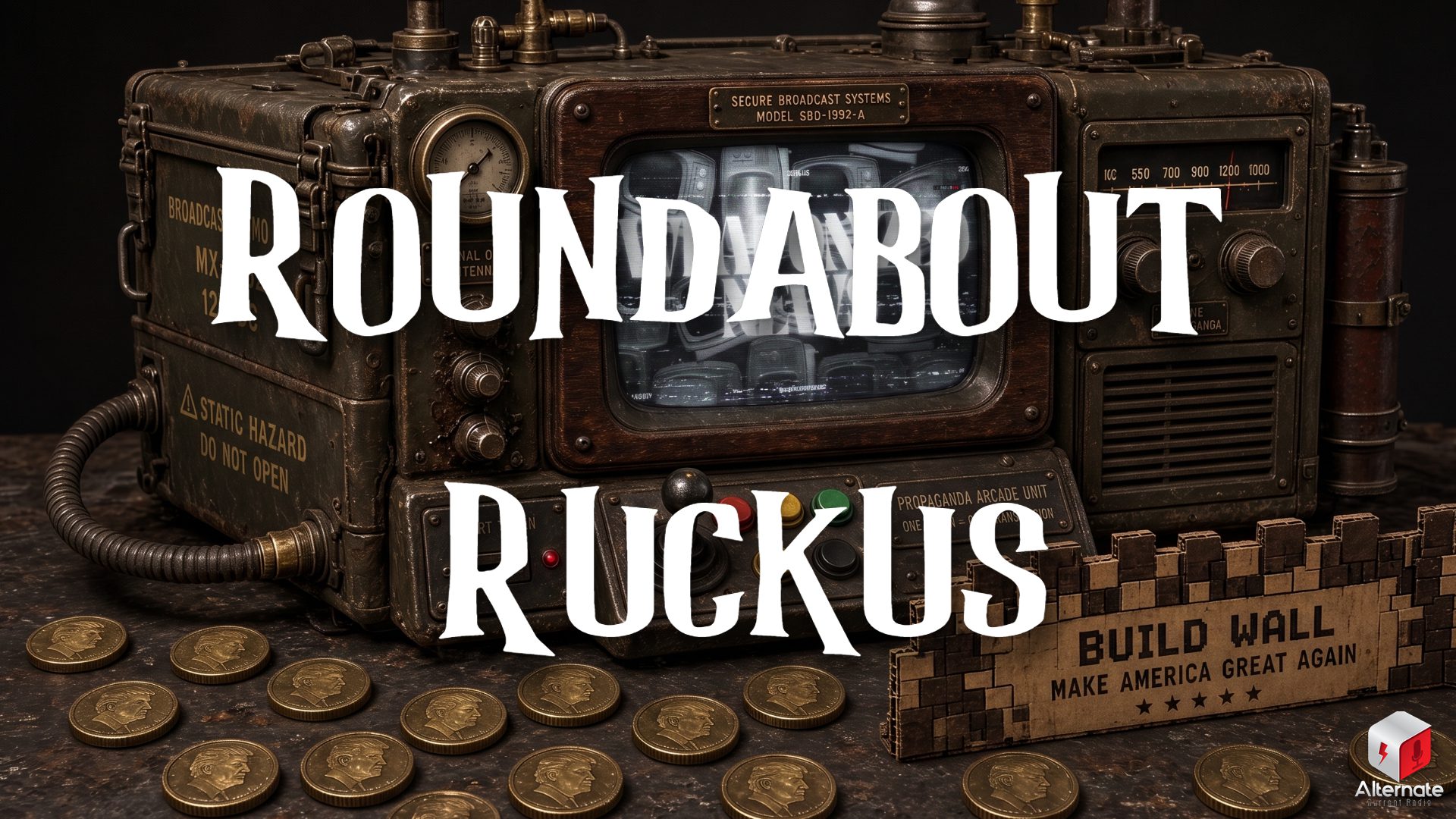A retro broadcast machine styled like an arcade cabinet sits in a dim industrial space, covered in labels, gauges, and a joystick. Gold coins stamped with Donald Trump's profile lie scattered in front of it, and a small mock border wall made of cardboard stands nearby. The ROUNDABOUT RUCKUS logo is overlaid across the center of the image.