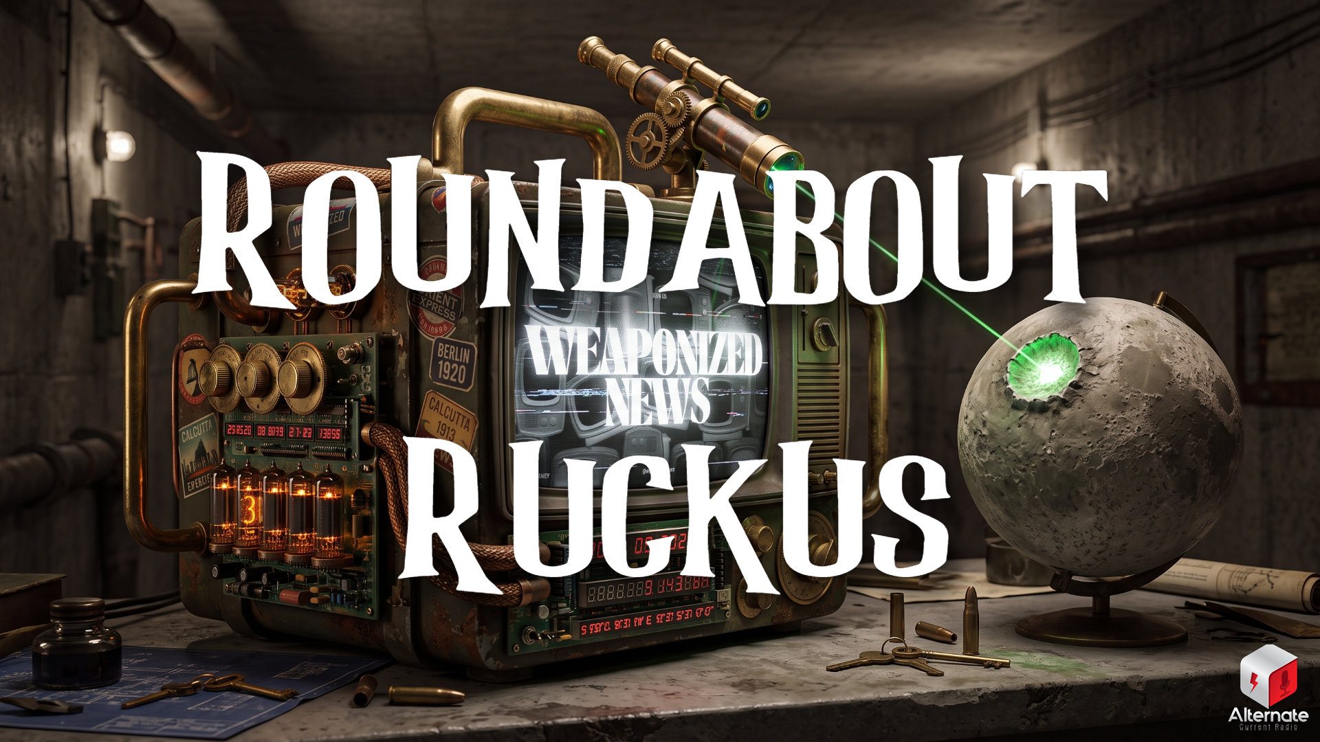 A steampunk-styled retro broadcast machine covered in brass pipes and glowing tubes sits on a cluttered workbench. A telescope‑like device on top fires a green laser into a cratered globe, illuminating it with eerie light. Blueprints, keys, bullets, and scattered tools surround the machine. A ROUNDABOUT RUCKUS logo is overlaid across the image.