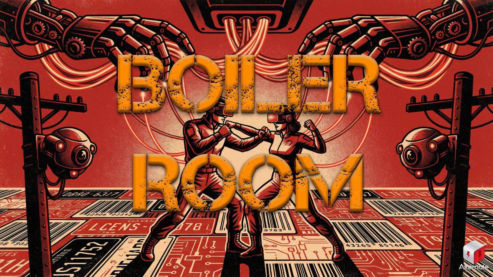 Man and woman fighting beneath robotic hands, surveillance cameras and machinery for Boiler Room: Battle of the Sexes, Victory of the Machine.