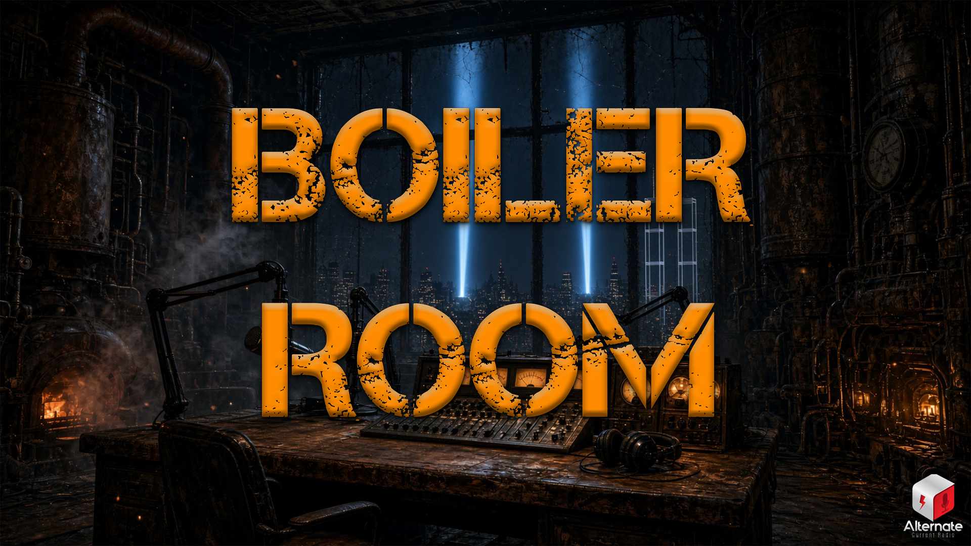 Boiler Room studio overlooking the New York skyline with twin beams of light commemorating September 11.