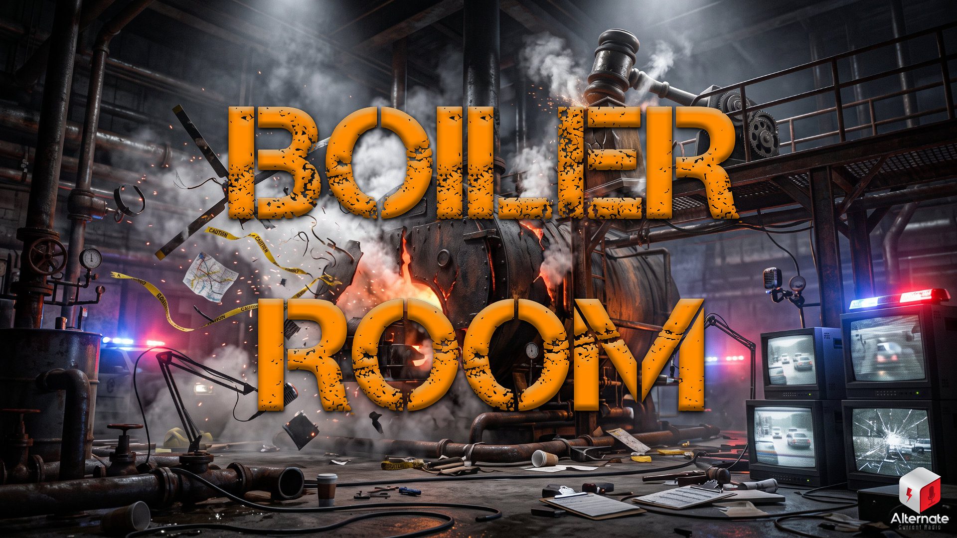 Burning Boiler Room emblem surrounded by surveillance screens, police lights and a judge’s gavel.